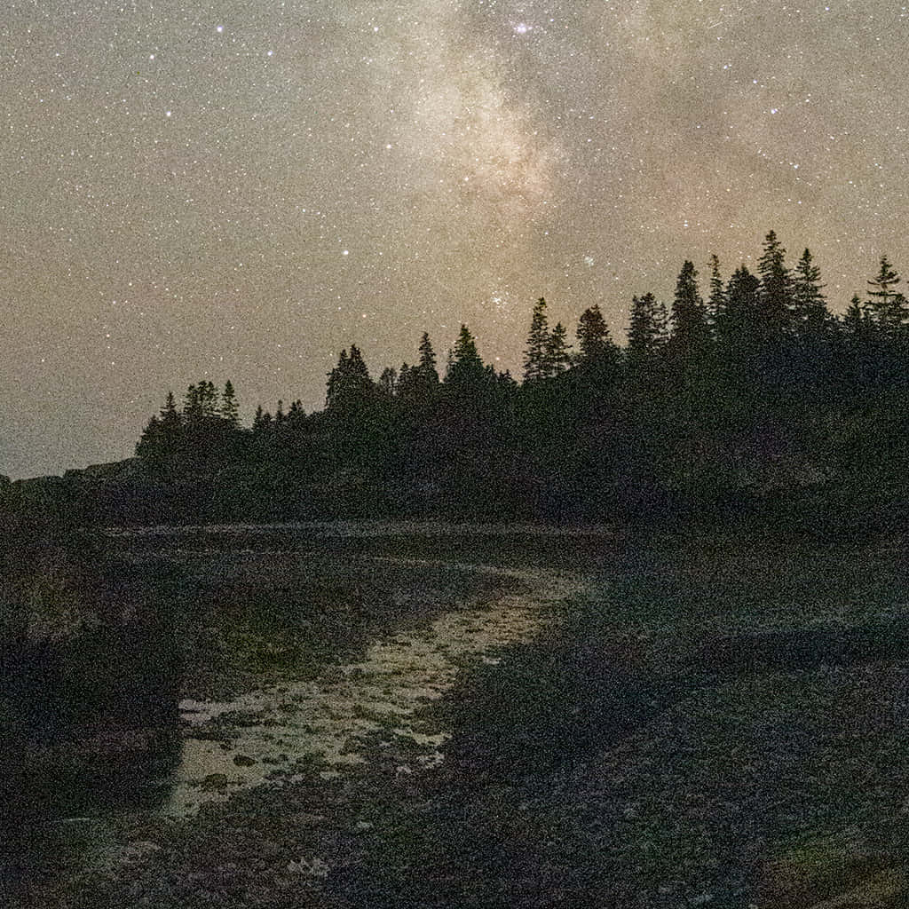 夜空 桌布 壁紙 — 繁星點點的夜空，銀河在平靜的倒映湖邊的黑暗森林剪影上方拱起。