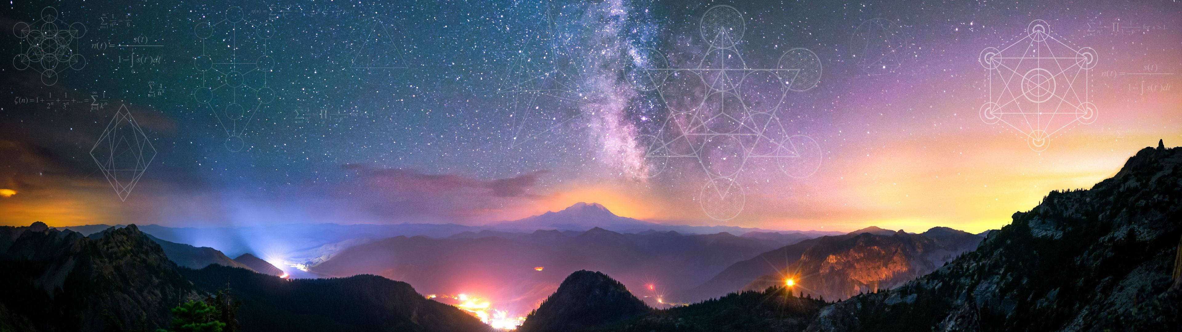 Dual 桌布 壁紙 — 繁星點點的夜空，銀河拱跨山頂，山頂閃爍著遠處的城市燈光和漂浮的幾何符號。