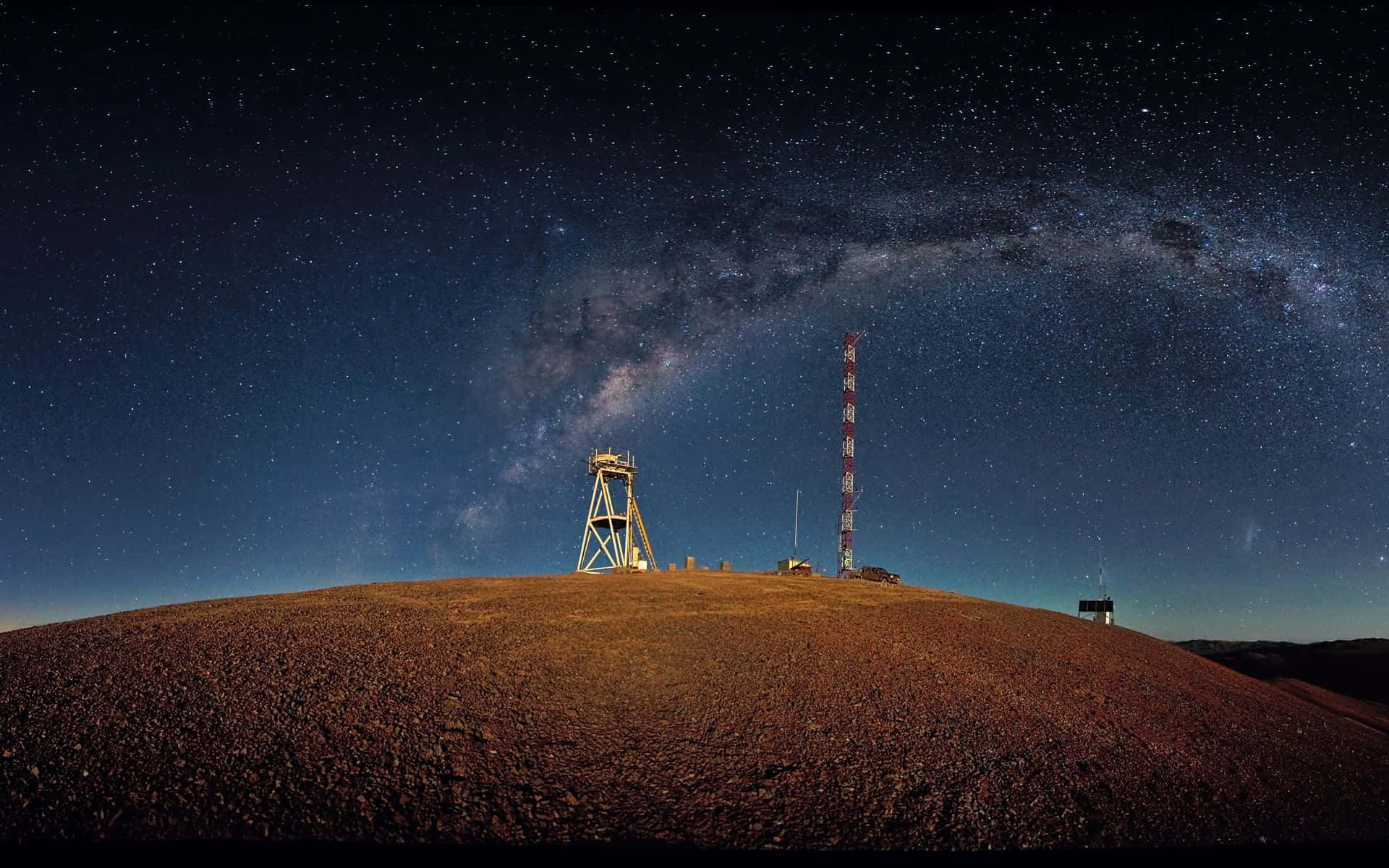 Radio Telescope 桌布 壁紙 — 繁星點點的夜空，銀河拱跨沙漠山脊，山脊上設有無線電望遠鏡。