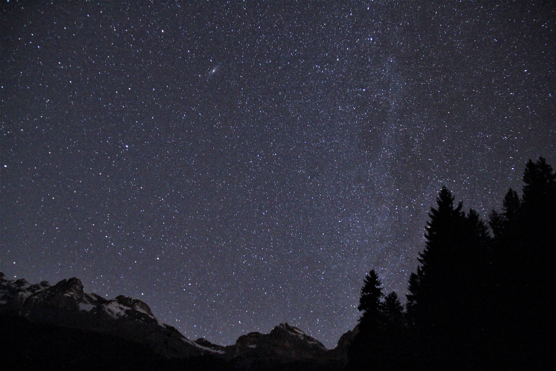 Stars 桌布 壁紙 — 繁星點點的夜空拱起在積雪的山峰和漆黑的松樹之上，松樹在宇宙之光中形成剪影。