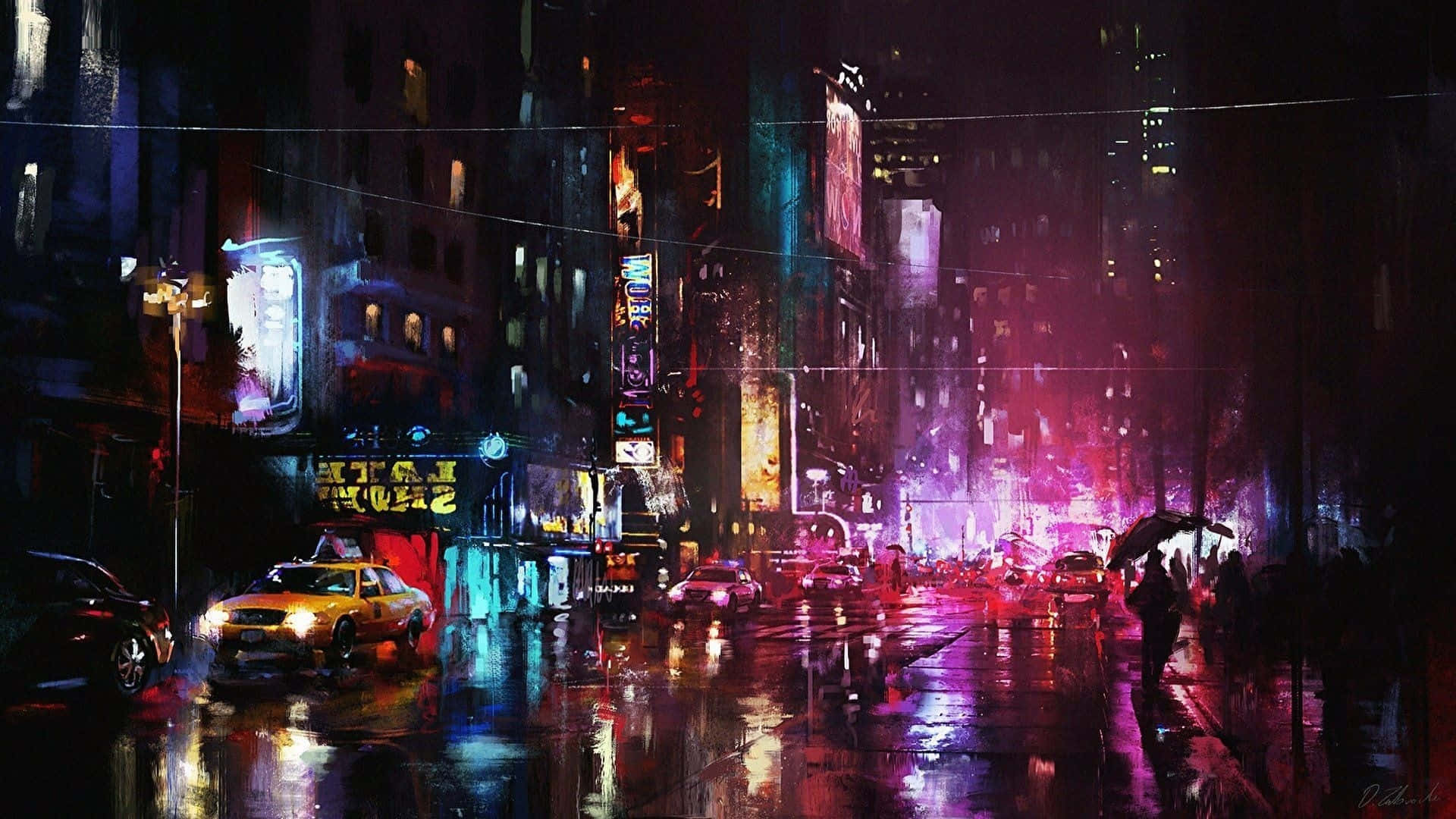 Neon City Aesthetic 桌布 壁紙 — 繁華城市中一個霓虹燈閃爍的雨夜，潮濕的路面反射出光芒，一個孤獨的身影撐著雨傘。