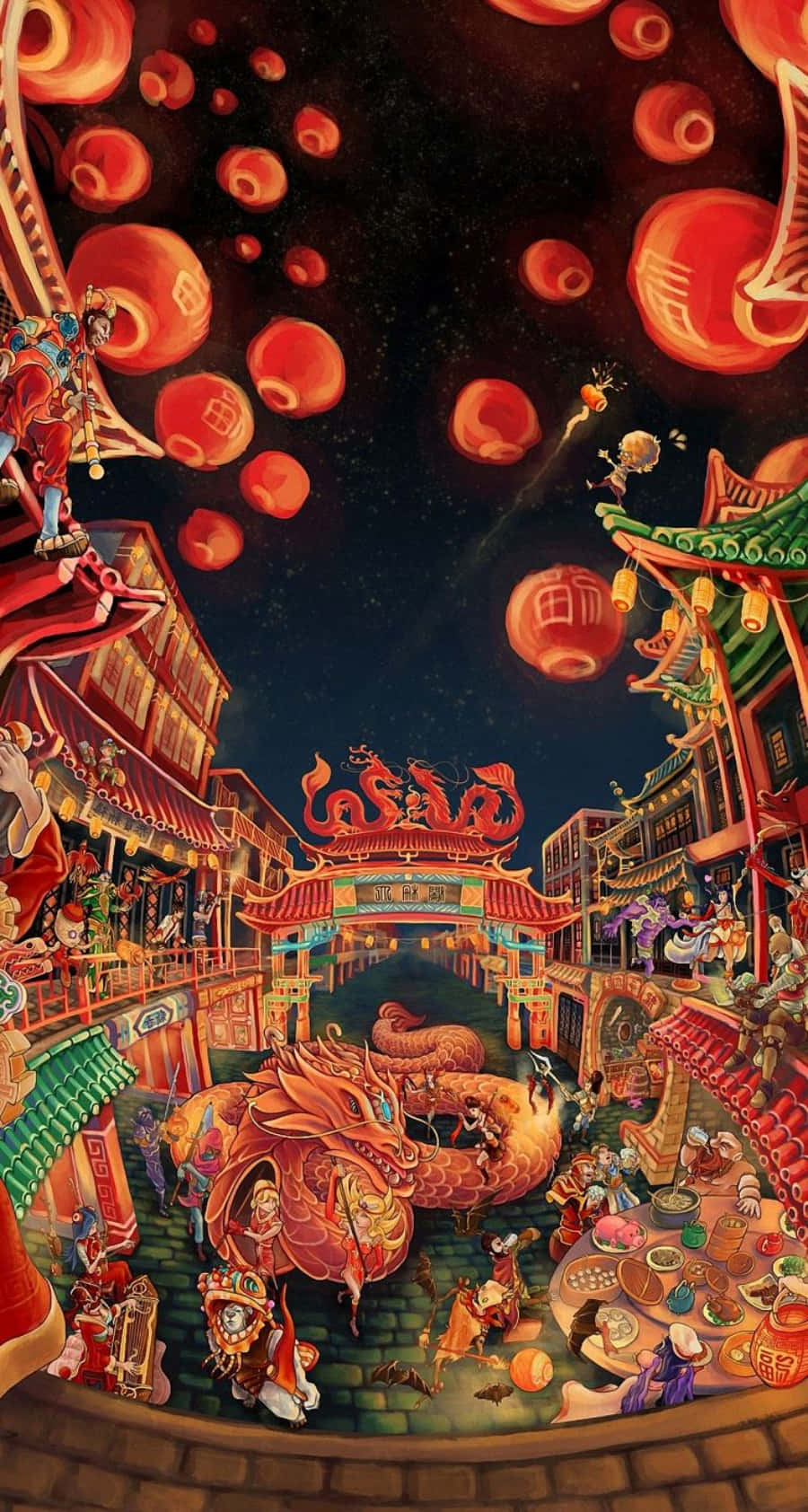 桌布 壁紙 — 繁華的中國街頭節日充滿活力的夜景，發光的紅燈籠漂浮在舞龍和擁擠的小巷上方。