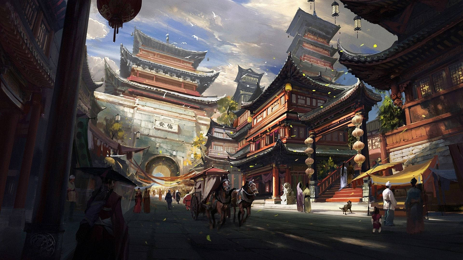 唐人街 桌布 壁紙 — 繁華的古代中國街道，有華麗的寶塔、馬車和燈籠，在明亮的天空下。