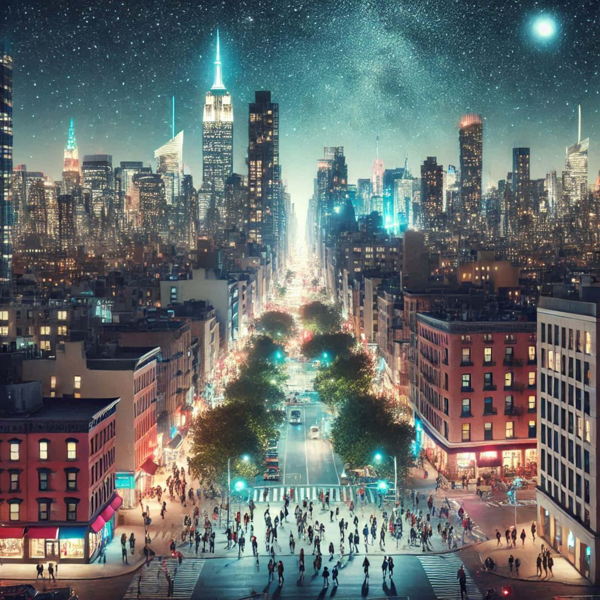 City at Night Illustration 壁紙 — 繁華的城市街道，夜晚星空下，閃爍的摩天大樓和人群穿越十字路口。