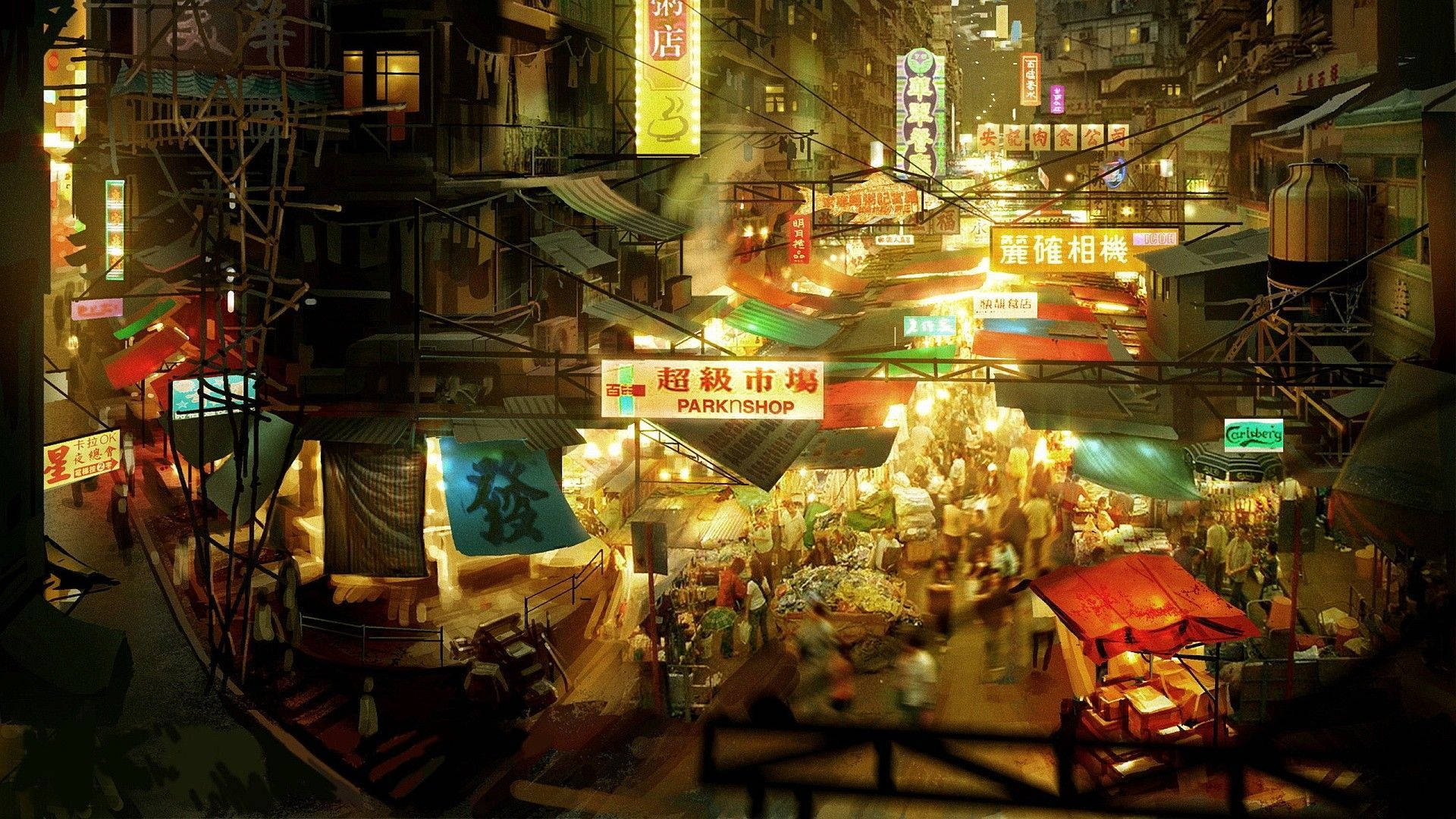 唐人街 桌布 壁紙 — 繁華的霓虹燈夜市，位於密集的城市小巷，掛滿招牌，攤位擁擠。