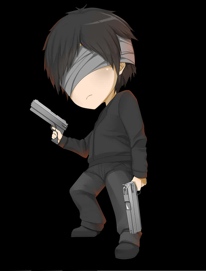 Anime Chibi 桌布 壁紙 — 繃帶頭部的Q版動畫男孩在黑色背景前手持兩把手槍。