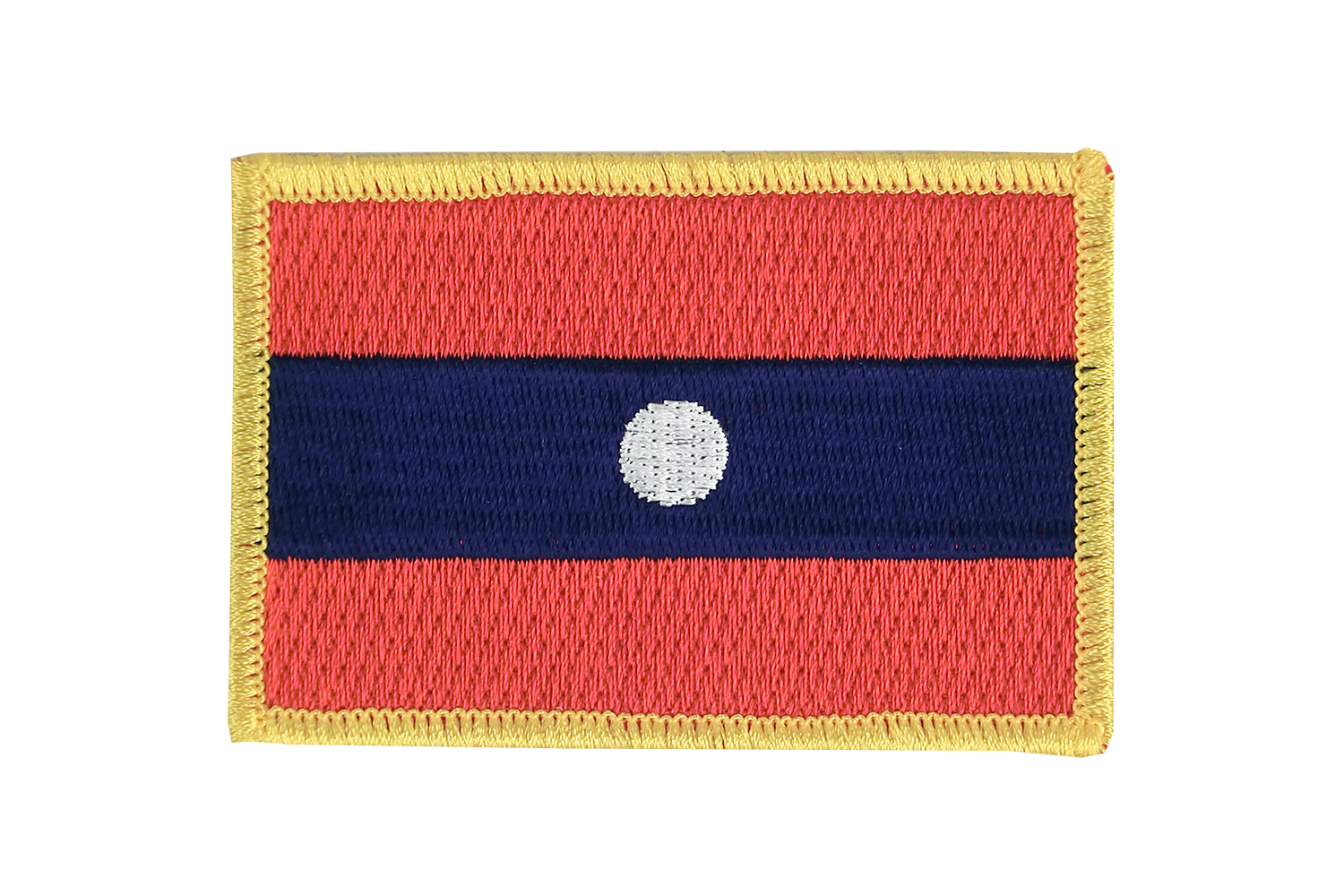 Flag 桌布 壁紙 — 繡有寮國國旗的布章，帶有紅藍條紋和白色圓圈，邊緣飾有金色流蘇。