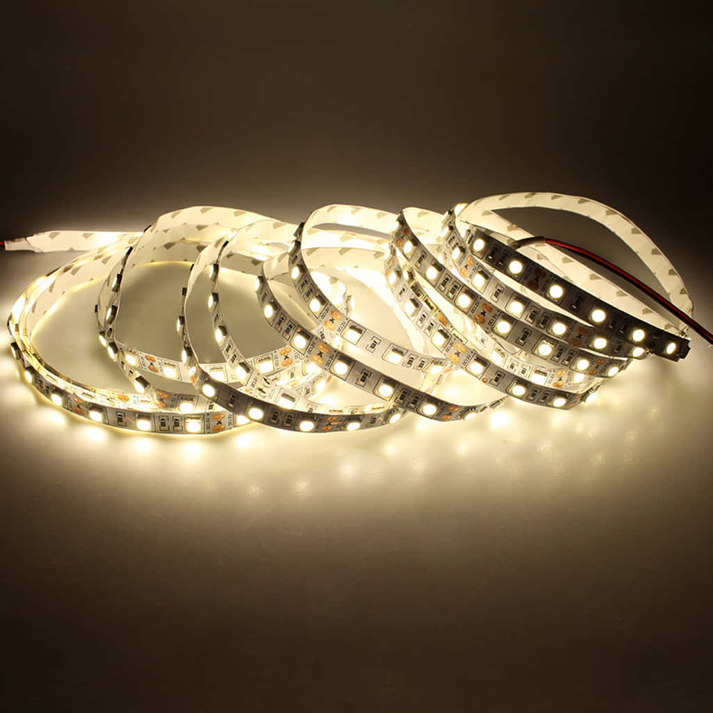 Led Light 桌布 壁紙 — 纏繞的暖白色LED燈條在深色工作室背景中柔和發光，帶有細微反射。