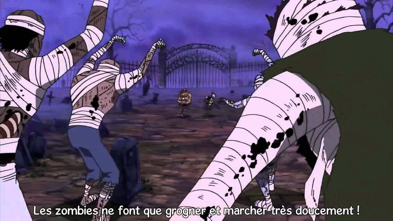 Thriller Bark 桌布 壁紙 — 纏著繃帶的殭屍在紫色黃昏天空下的陰森墓地中行進。