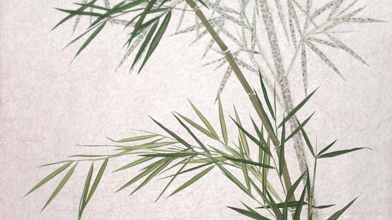 720p Bamboo 桌布 壁紙 — 纖細的竹莖和細長的綠葉在帶有紋理的米白色紙張背景上優雅地彎曲。