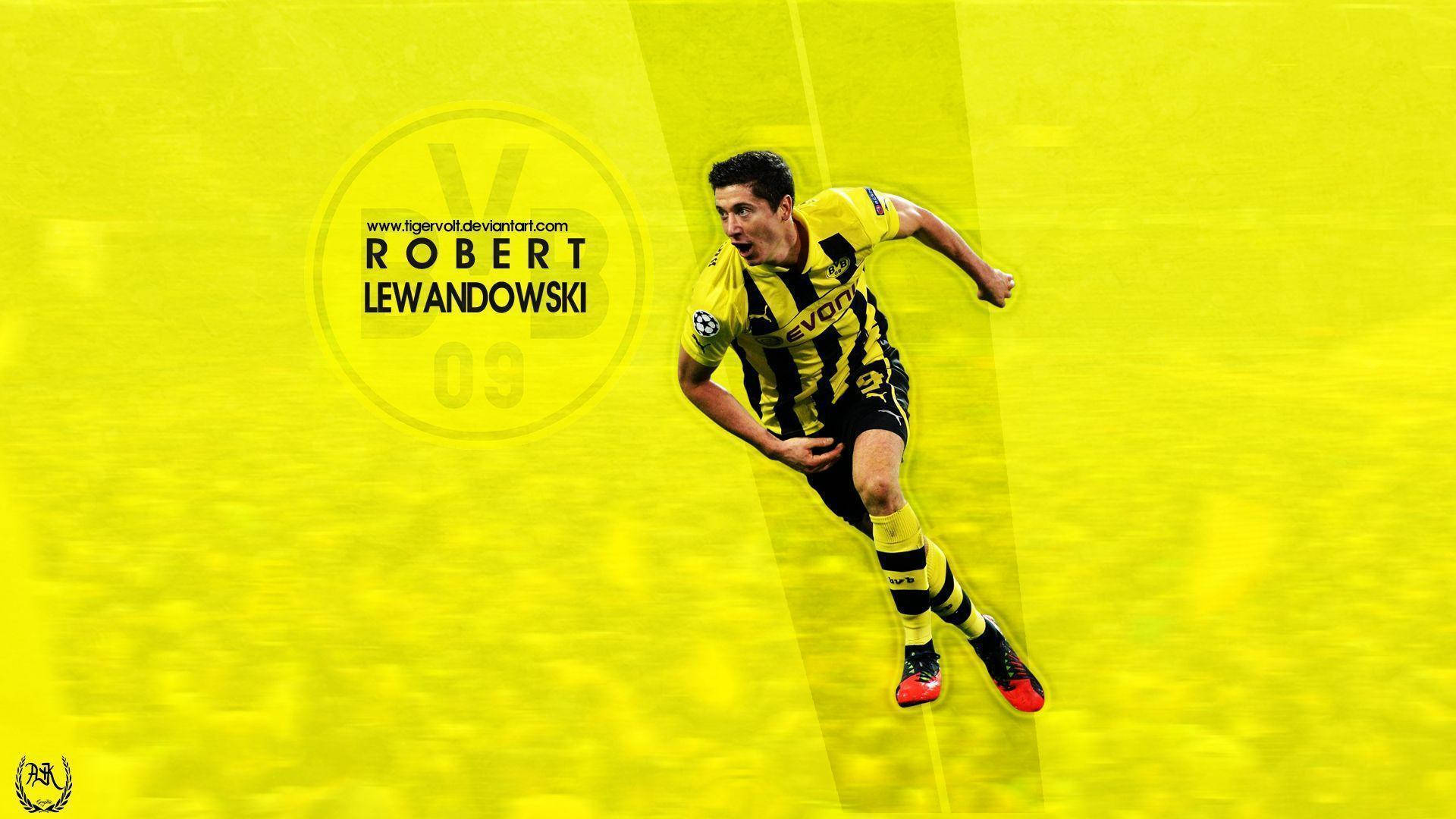 Robert Lewandowski 桌布 壁紙 — 羅伯特·萊萬多夫斯基身穿黃黑條紋球衣，在充滿活力的黃色背景下動態衝刺。