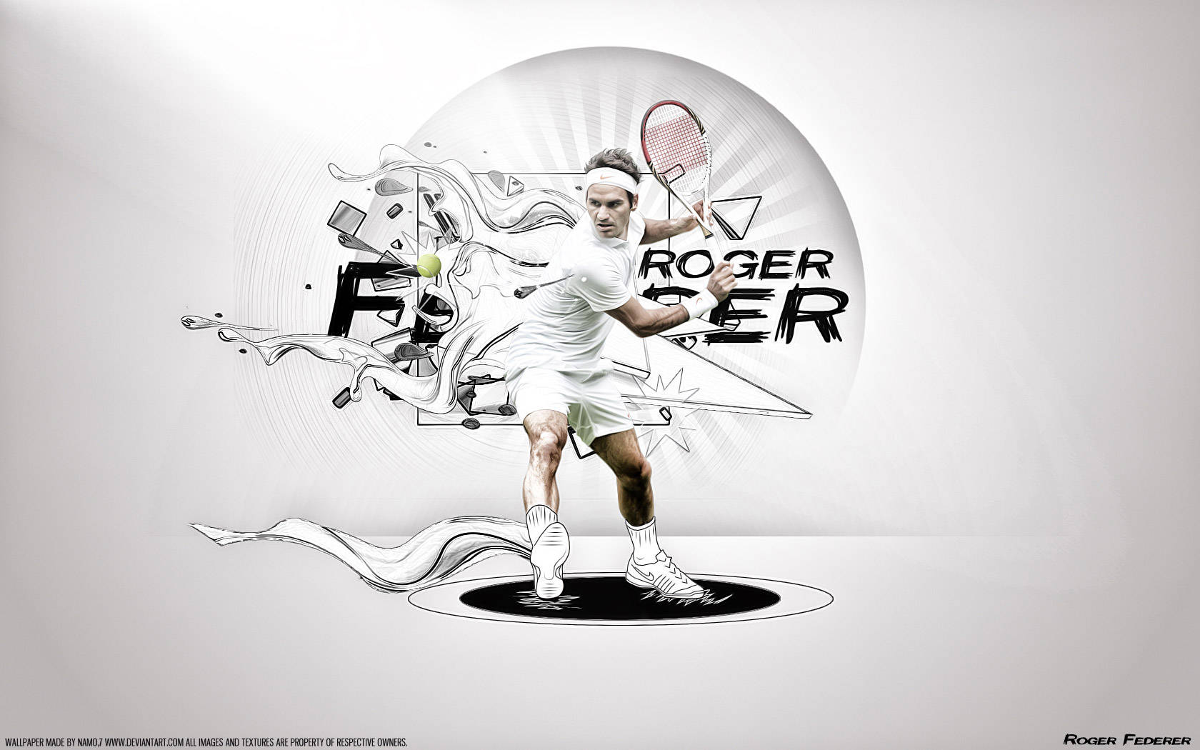 roger 桌布 壁紙 — 羅傑·費德勒以動態網球姿勢呈現，配以風格化的運動線條和抽象圖形元素，背景簡約。