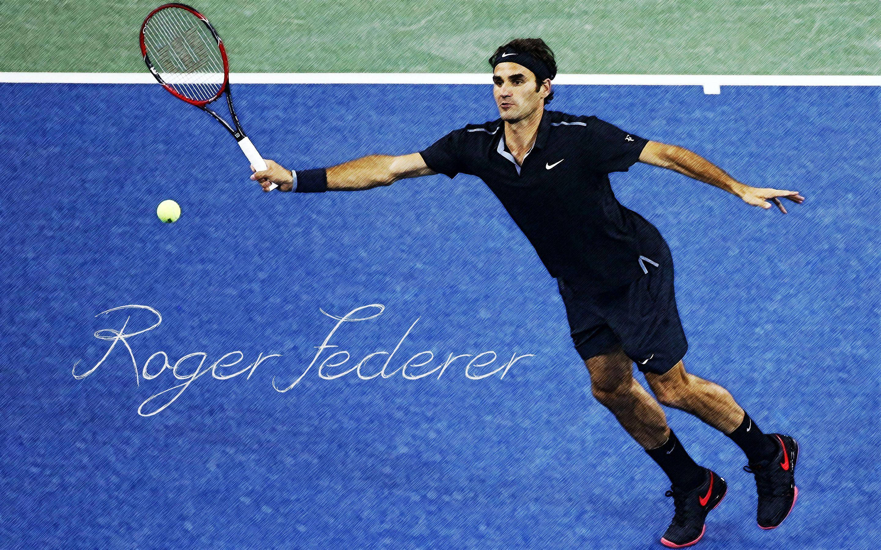 roger 桌布 壁紙 — 羅傑·費德勒在藍色硬地球場上動態地跨步，專注地擊打網球。