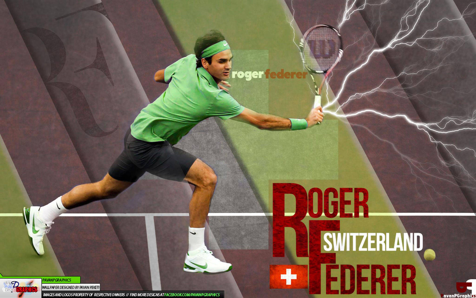 roger 桌布 壁紙 — 羅傑·費德勒身穿綠色襯衫，在球場上揮動網球拍，身後有閃電擊中。