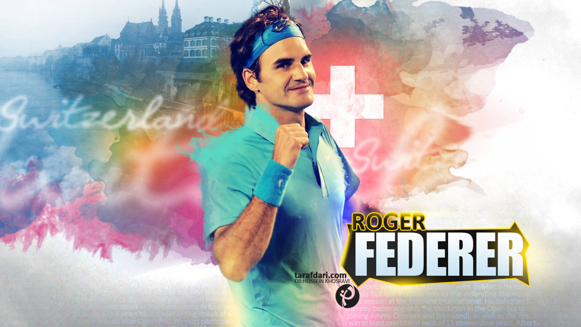 roger 桌布 壁紙 — 羅傑·費德勒身穿藍綠色網球裝備，在瑞士的水彩潑濺背景中自信地擺姿勢，背景包含城市景觀和十字架圖案。