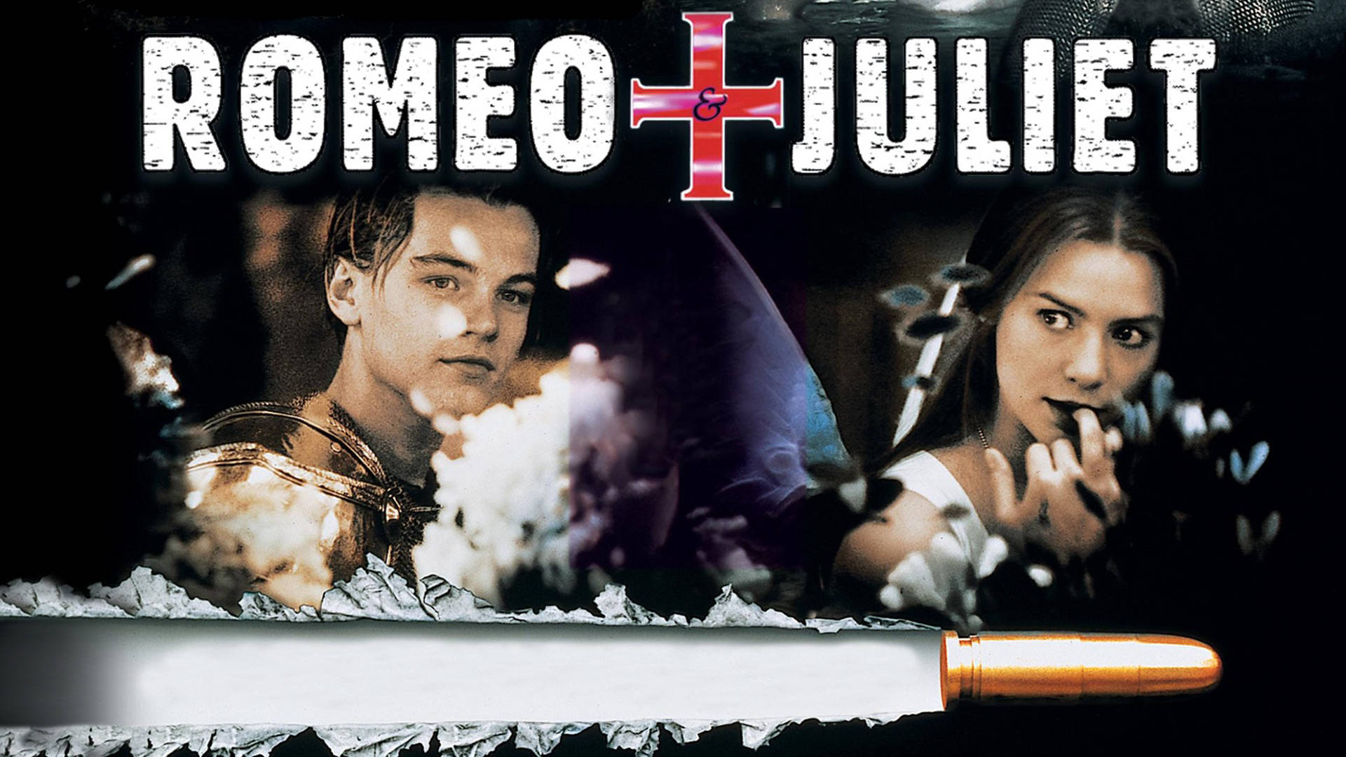 romeo and juliet 桌布 壁紙 — 《羅密歐與茱麗葉》的戲劇性海報， featuring 李奧納多·狄卡皮歐和克萊兒·丹妮絲，下方有刀和子彈。