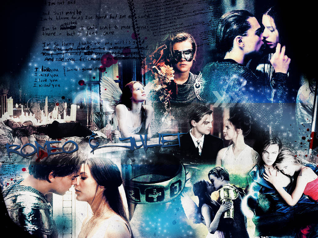 romeo and juliet 桌布 壁紙 — 羅密歐與茱麗葉場景的拼貼畫，包含浪漫親吻、手寫詩歌和發光藍色效果。