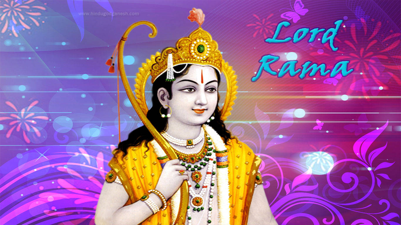 jai shri ram 桌布 壁紙 — 羅摩勳爵戴著金色皇冠，身穿黃色服飾，在充滿煙火和蝴蝶的鮮豔紫色花卉背景中手持弓箭。