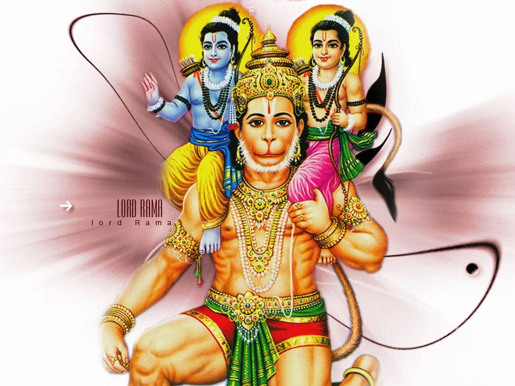 Hanuman 桌布 壁紙 — 羅摩勳爵端坐，佩戴金色珠寶，藍膚的羅什曼那和綠衣的悉塔坐在他的肩上，背景是耀眼的粉紅色和白色。