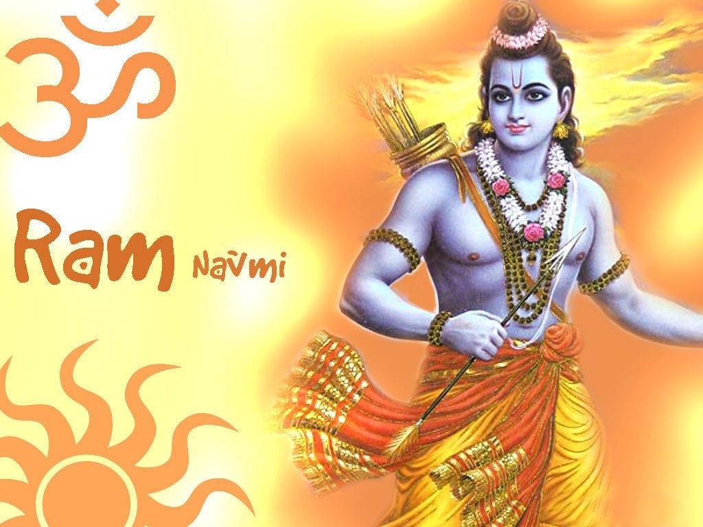 jai shri ram 桌布 壁紙 — 羅摩神聖形象，身著金色和紅色服飾，手持弓箭，以燦爛的橙色和黃色日落為背景，帶有Om和太陽圖案。