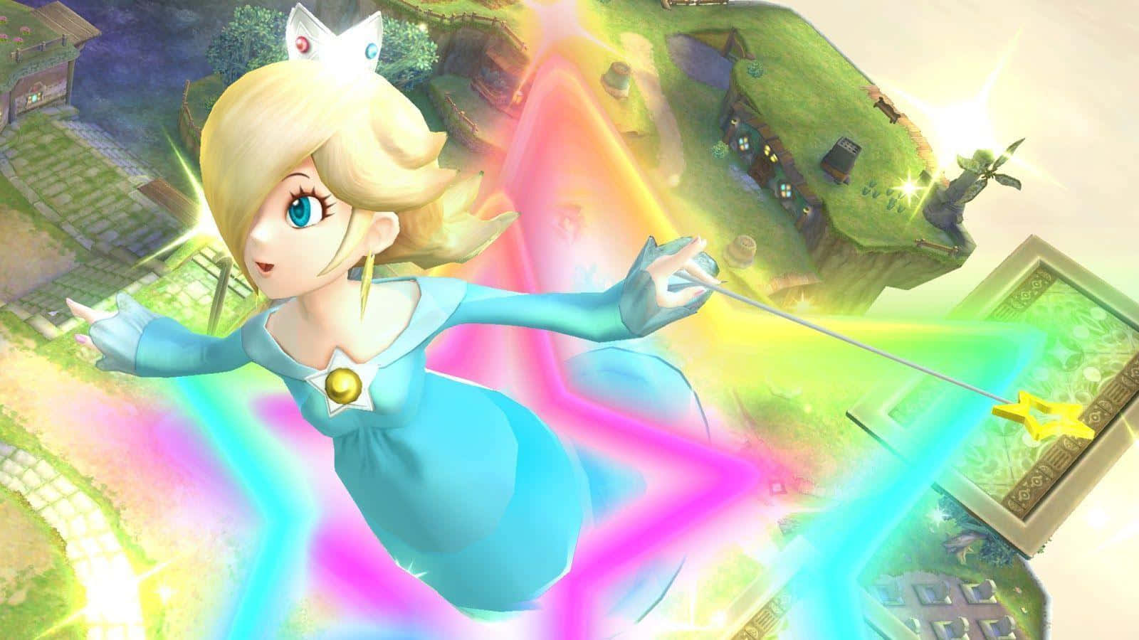 Princess Rosalina 桌布 壁紙 — 羅莎琳公主在充滿活力的星空中優雅漂浮，在一個奇幻的浮空島村莊上方揮舞著發光的魔杖。