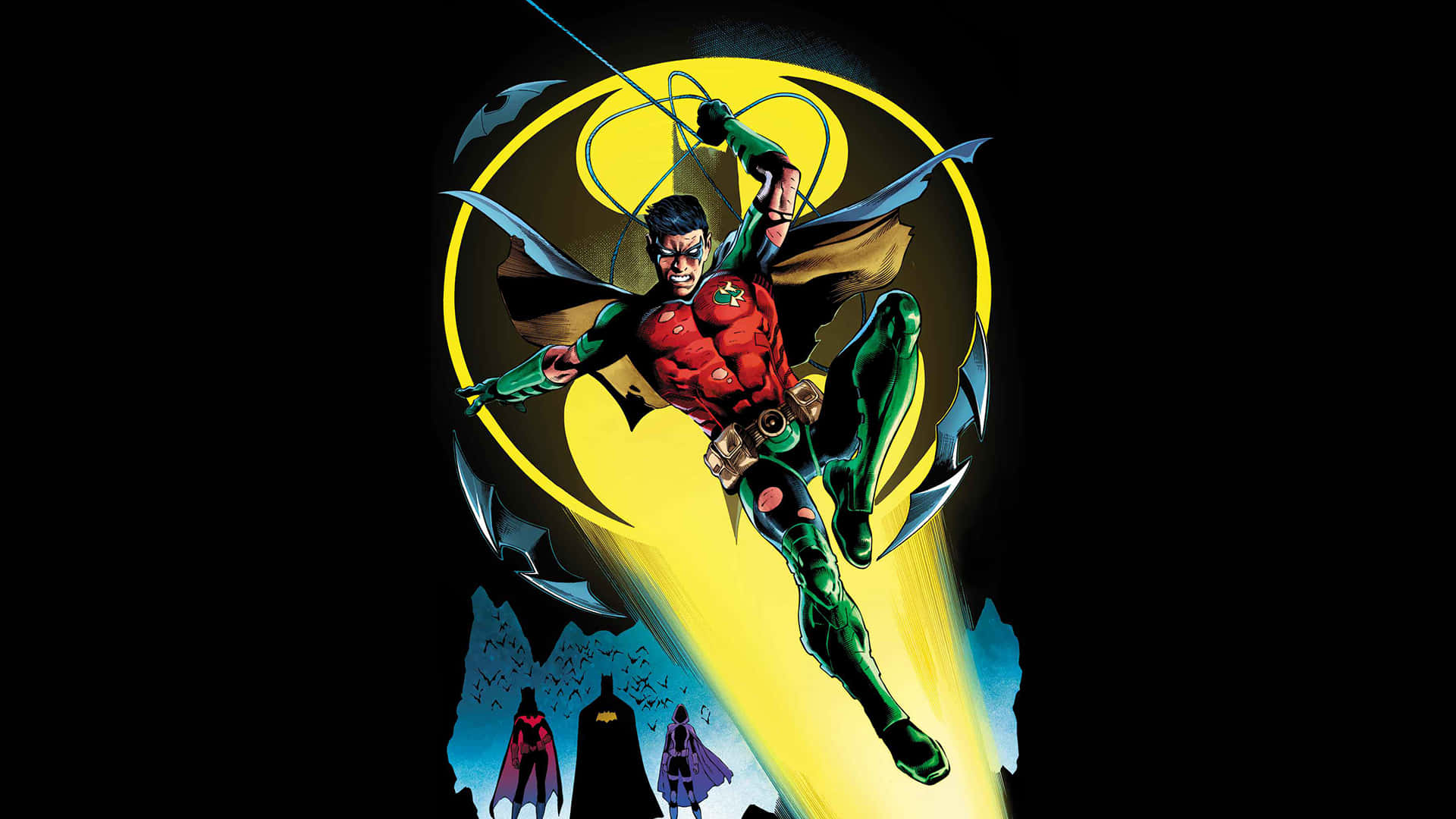 Bat Signal 桌布 壁紙 — 羅賓動態跳躍，對抗發光的黃色蝙蝠標誌，下方有蝙蝠俠和蝙蝠女的剪影。
