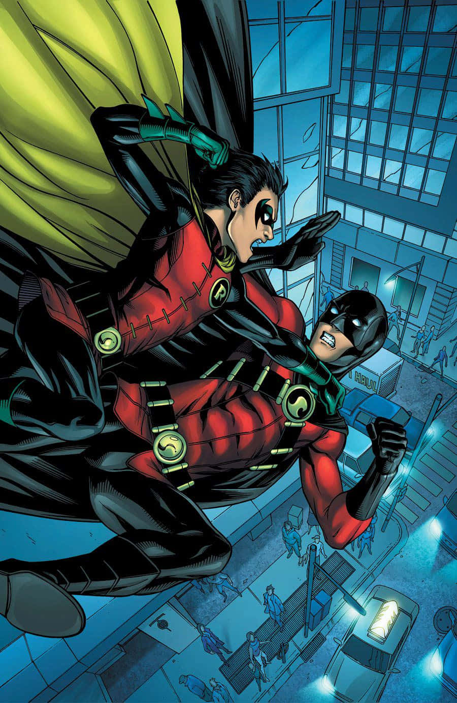 Tim Drake 桌布 壁紙 — 羅賓和蝙蝠俠在夜間穿過霓虹燈照亮的城市景觀，呈現動態漫畫動作場景。