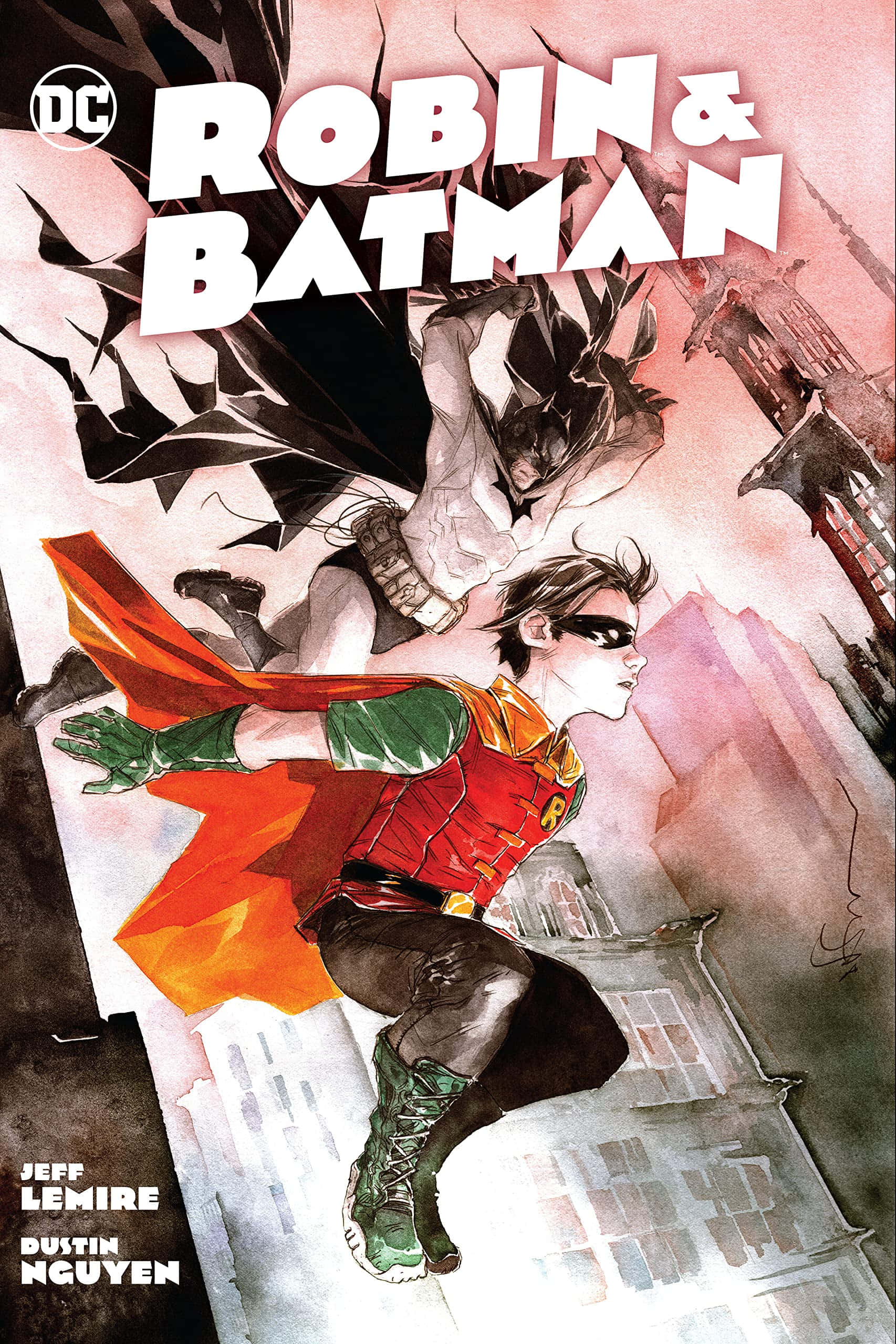 Batman And Robin 桌布 壁紙 — 羅賓和蝙蝠俠在戲劇性的漫畫插圖中，動態地飛越風格化的城市景觀。