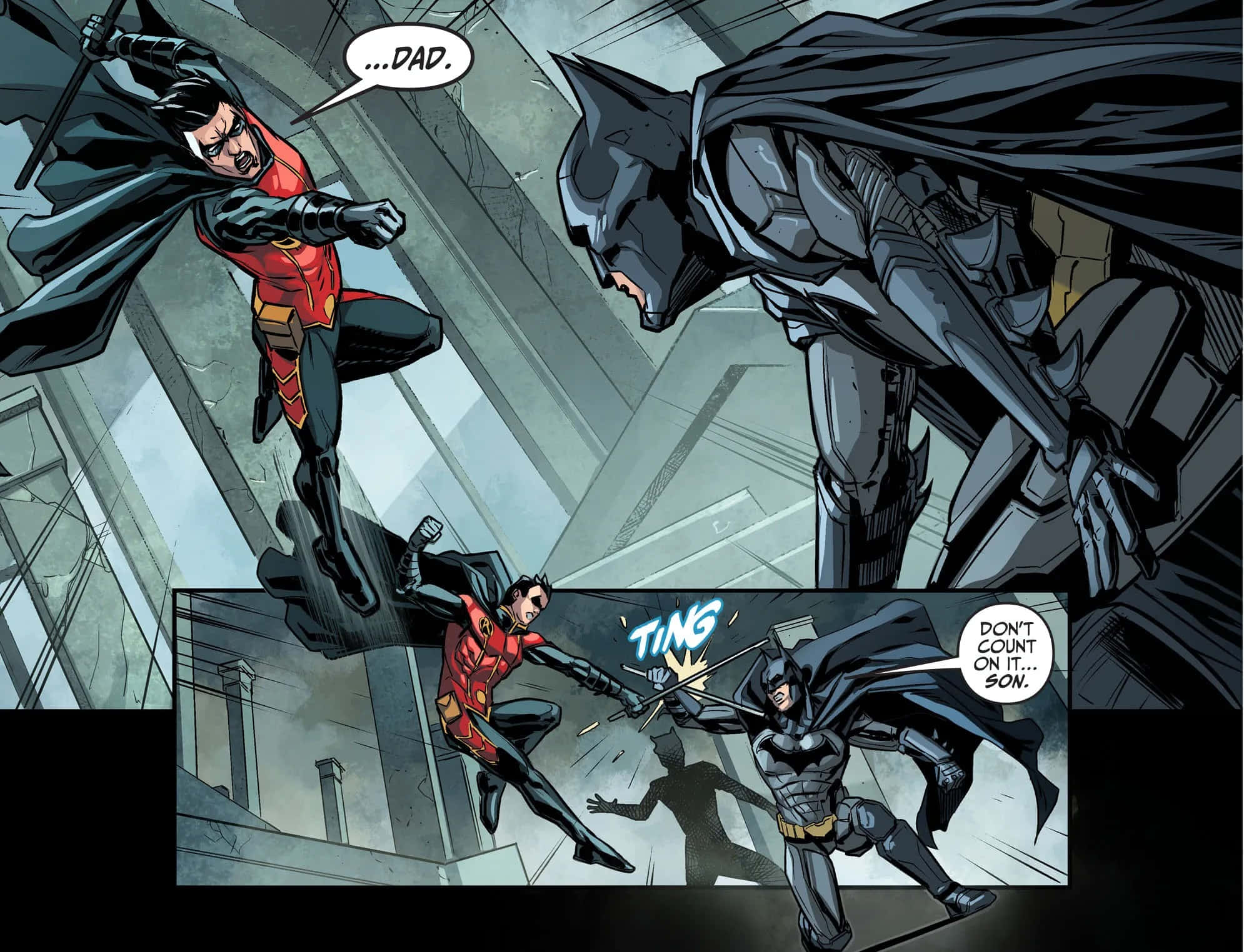 Batman Vs Robin 桌布 壁紙 — 羅賓在 gritty 的城市屋頂戰鬥中對抗蝙蝠俠，一邊用劍交鋒一邊大喊爸爸。