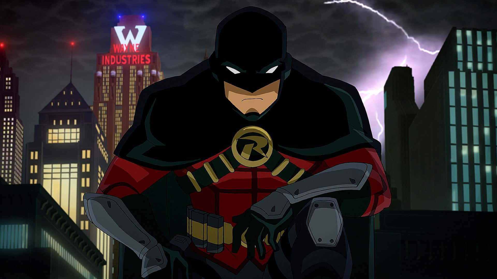 Batman Death In The Family 桌布 壁紙 — 羅賓在韋恩工業大廈附近閃電交加的暴風雨天空下，挑釁地站在城市屋頂上。