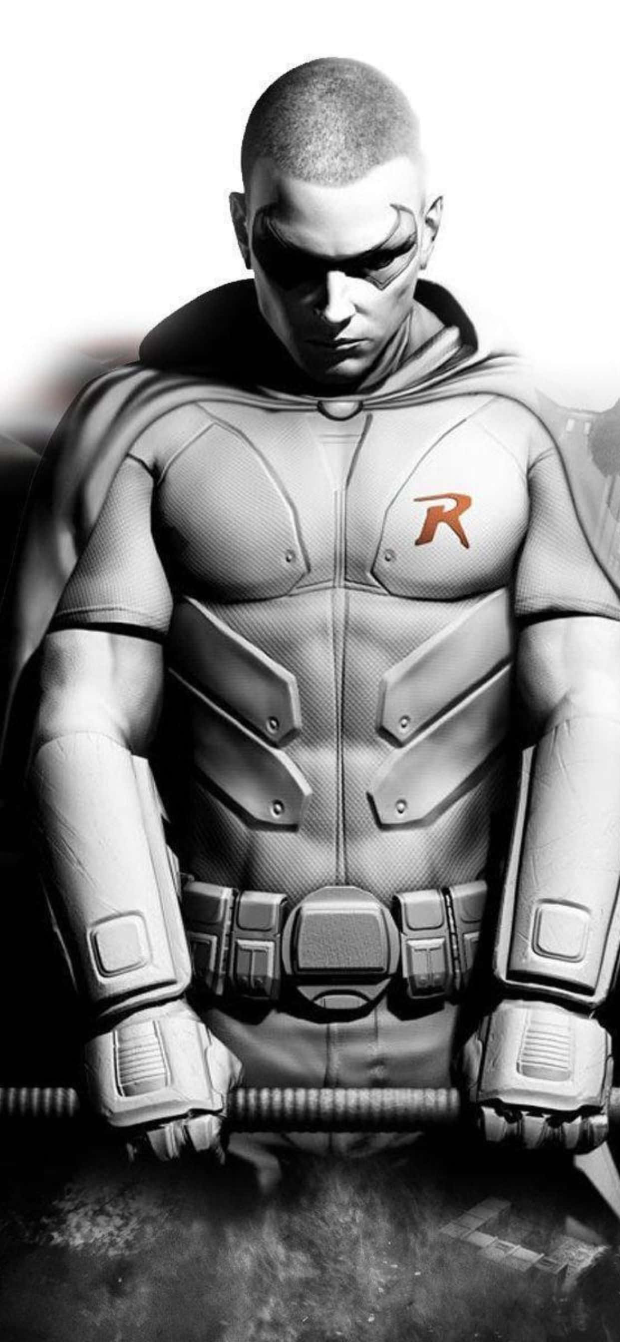 iPhone Xs Max Batman Arkham City 桌布 壁紙 — 羅賓身穿戰術裝備、手持警棍、胸前帶有醒目紅色R標誌的粗獷黑白肖像。