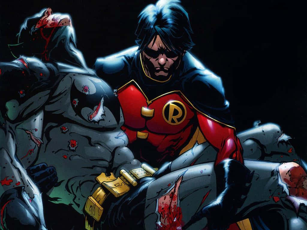 Batman Vs Robin 桌布 壁紙 — 羅賓身穿紅黑戰衣，在黑暗陰影中跪在血跡斑斑的蝙蝠俠身旁。