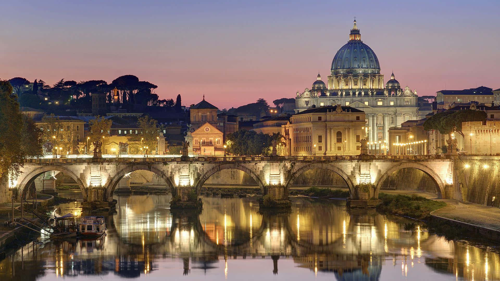 Rome 桌布 壁紙 — 羅馬台伯河上聖彼得大教堂和燈光石橋的壯麗黃昏景色，完美倒影。
