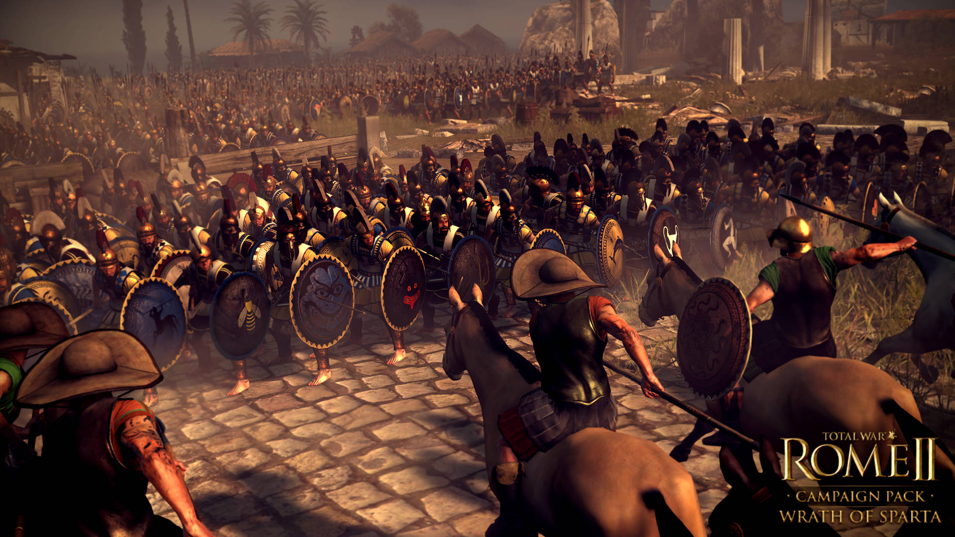 Total War 桌布 壁紙 — 羅馬和斯巴達軍隊在塵土飛揚的日光下，在混亂的古代戰場上以盾牌、長矛和馬匹交戰。