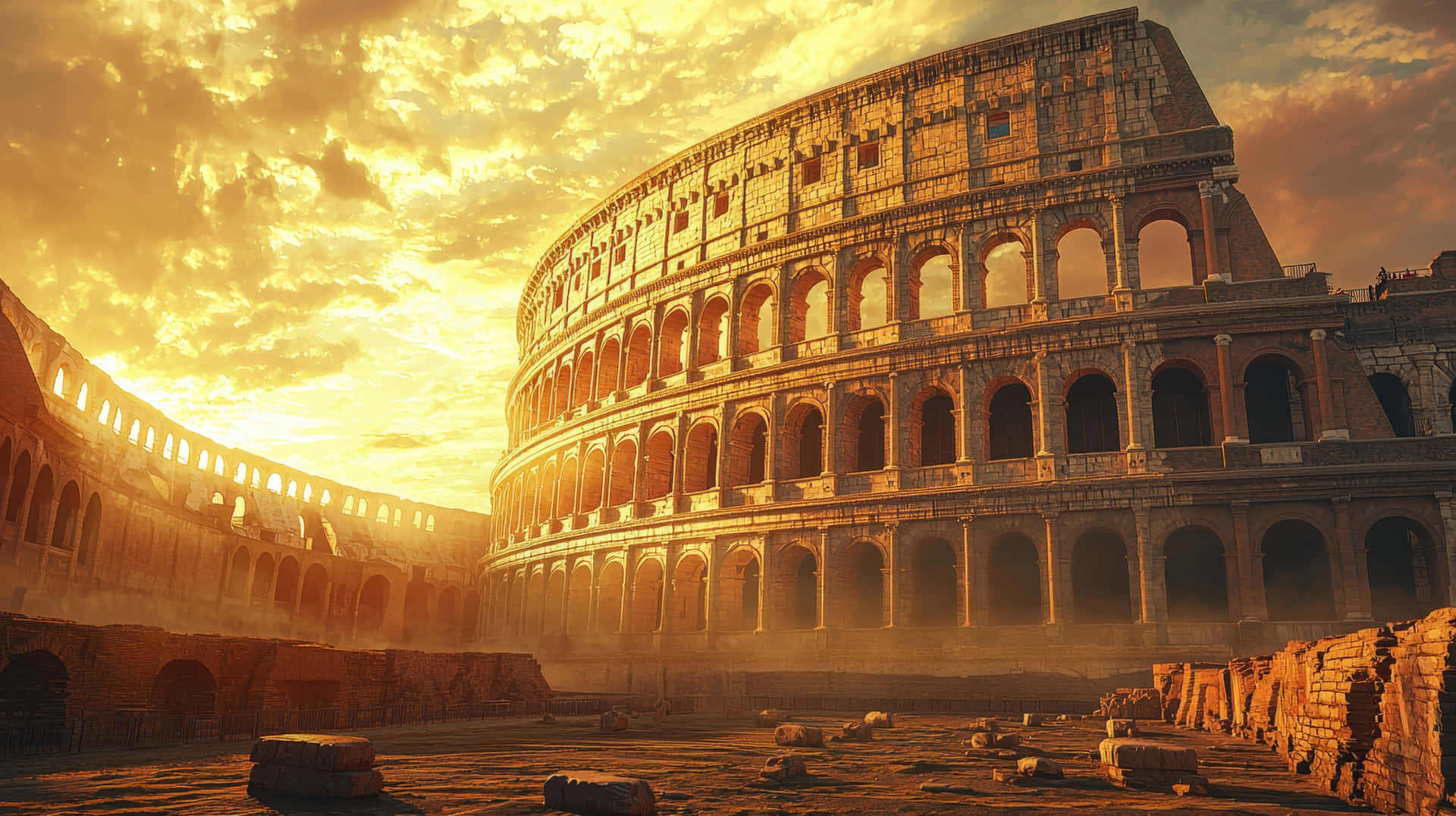 The iconic Colosseum in Rome, bathed in golden sunset light. 壁紙 — 羅馬競技場沐浴在金色日落光芒中，前景有戲劇性的雲彩和古代石頭廢墟。