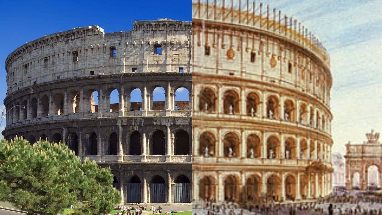 Roman Colosseum 桌布 壁紙 — 羅馬競技場的分割視圖，左側為現代照片，右側為復古繪畫插圖。