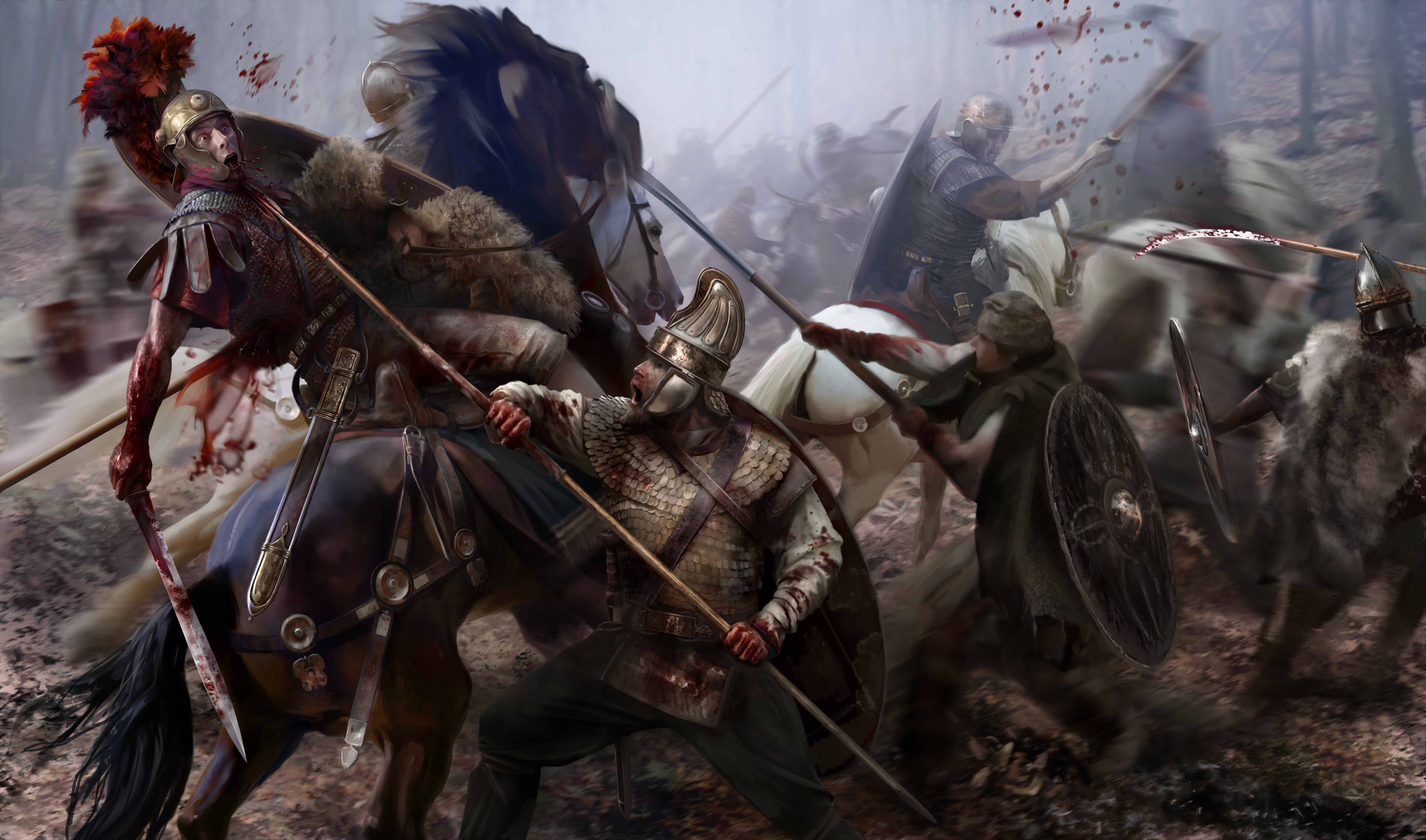 Rome 2 Total War 桌布 壁紙 — 羅馬與蠻族戰士在泥濘的森林中展開一場血腥的騎兵戰，鮮血飛濺，盾牌碰撞。