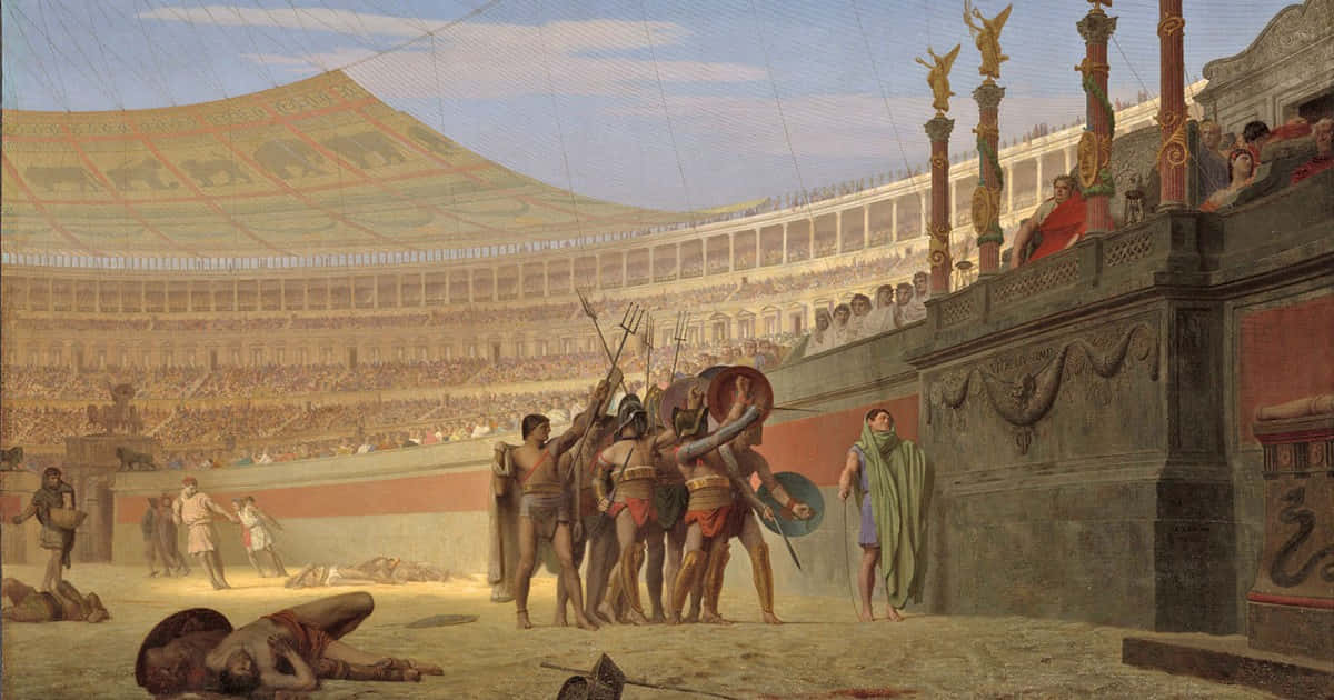 Roman Colosseum 桌布 壁紙 — 羅馬角鬥士在古羅馬競技場中勝利站立，觀眾在明亮的天空下從階梯座位觀看。