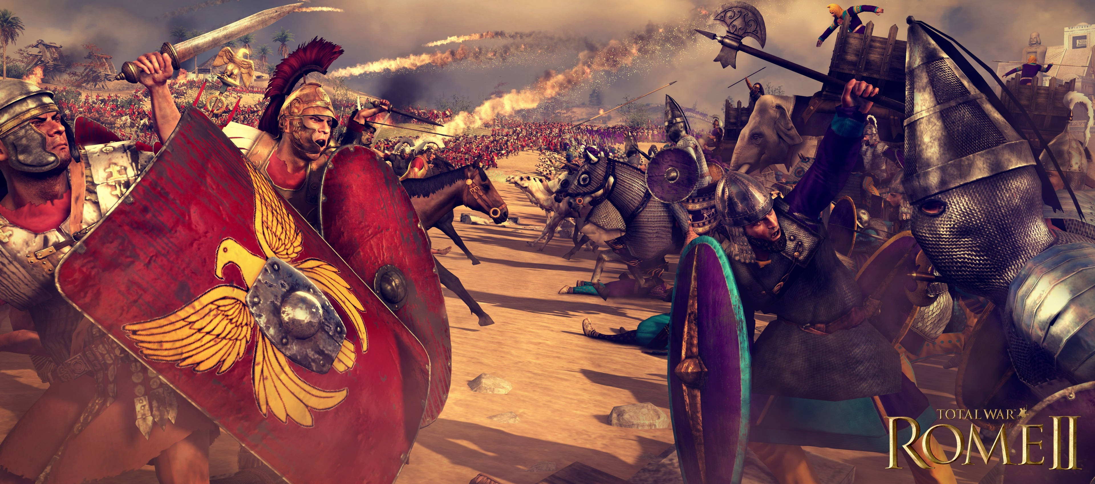 Total War Rome 2 桌布 壁紙 — 羅馬軍團士兵在充滿煙霧和馬匹的混亂戰場上與敵方戰士交鋒。