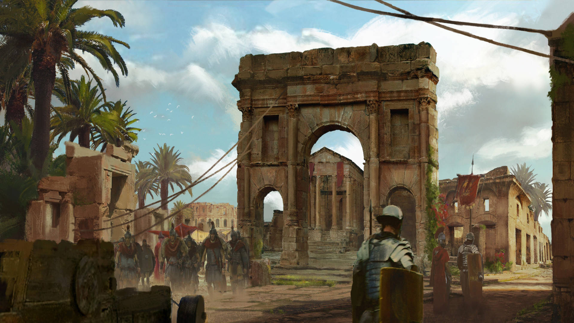 Carthage 桌布 壁紙 — 羅馬軍團士兵在明亮的天空下，穿過古老的石拱門，周圍有棕櫚樹和破敗的廢墟。