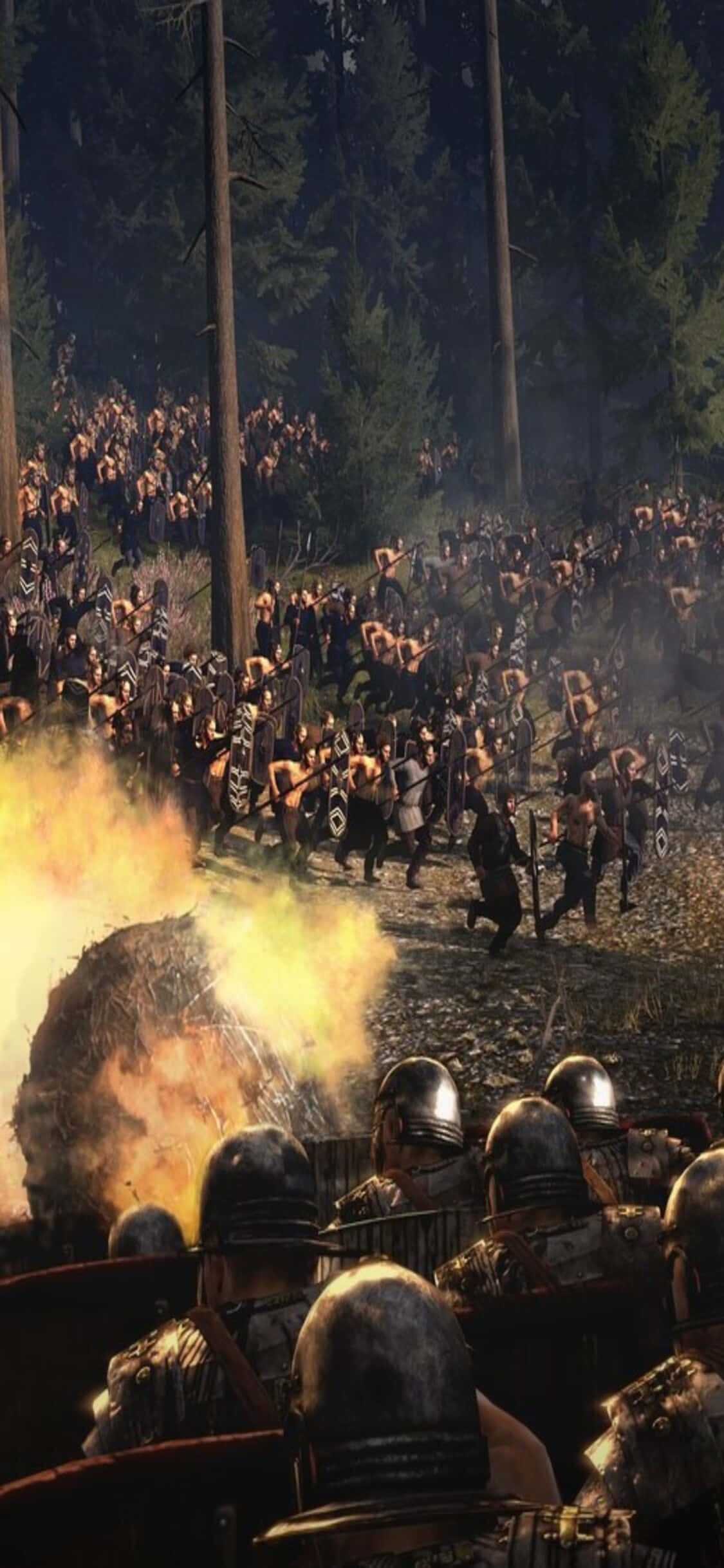 森林 桌布 壁紙 — 羅馬軍團士兵在茂密的森林中面對大規模的野蠻人部落，附近發生猛烈爆炸。