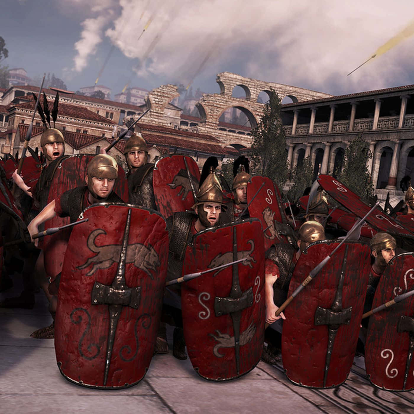 Best Total War Shogun 2 桌布 壁紙 — 羅馬軍團士兵手持紅色盾牌和青銅頭盔，在塵土飛揚的古城街道上衝突，周圍是搖搖欲墜的拱門和飛箭。