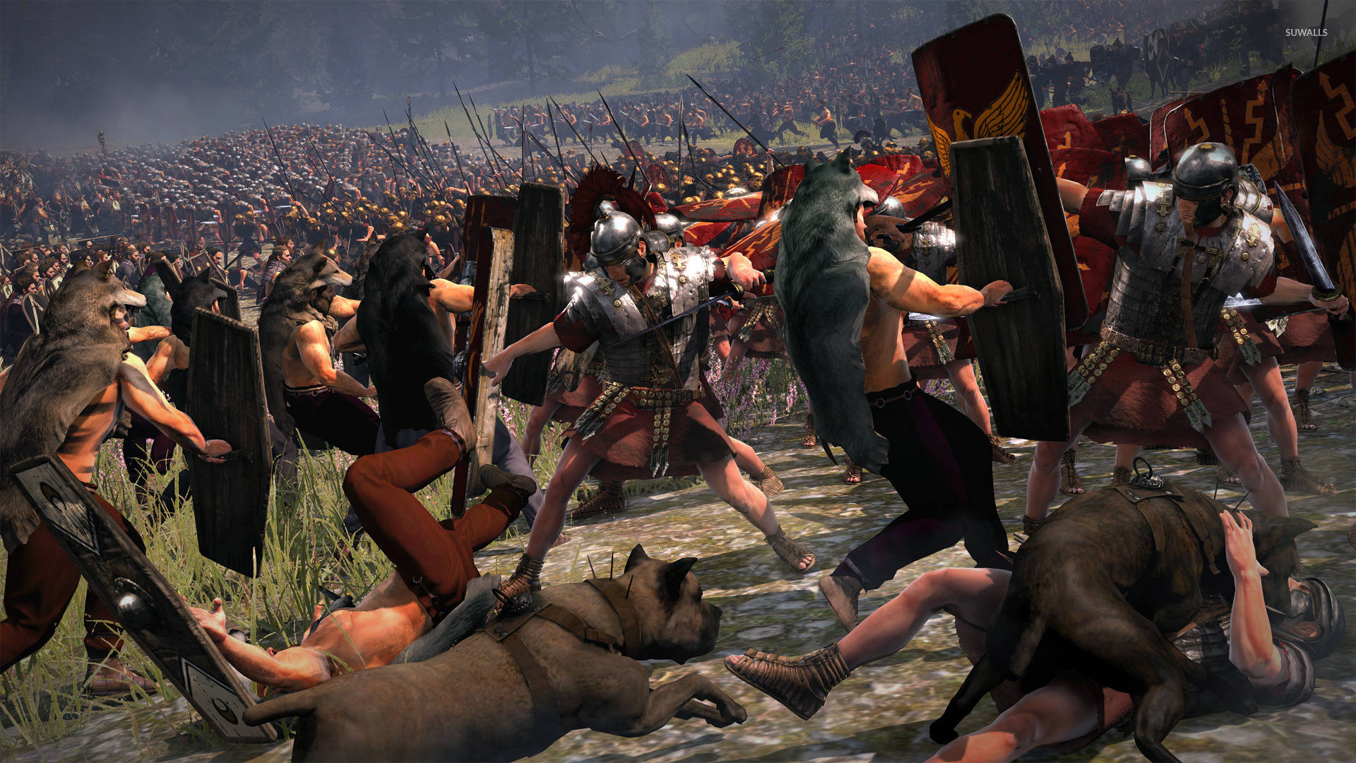 Total War Rome 2 桌布 壁紙 — 羅馬軍團士兵與野蠻戰士在一個混亂泥濘的戰場上衝突，伴有狗和倒下的士兵。