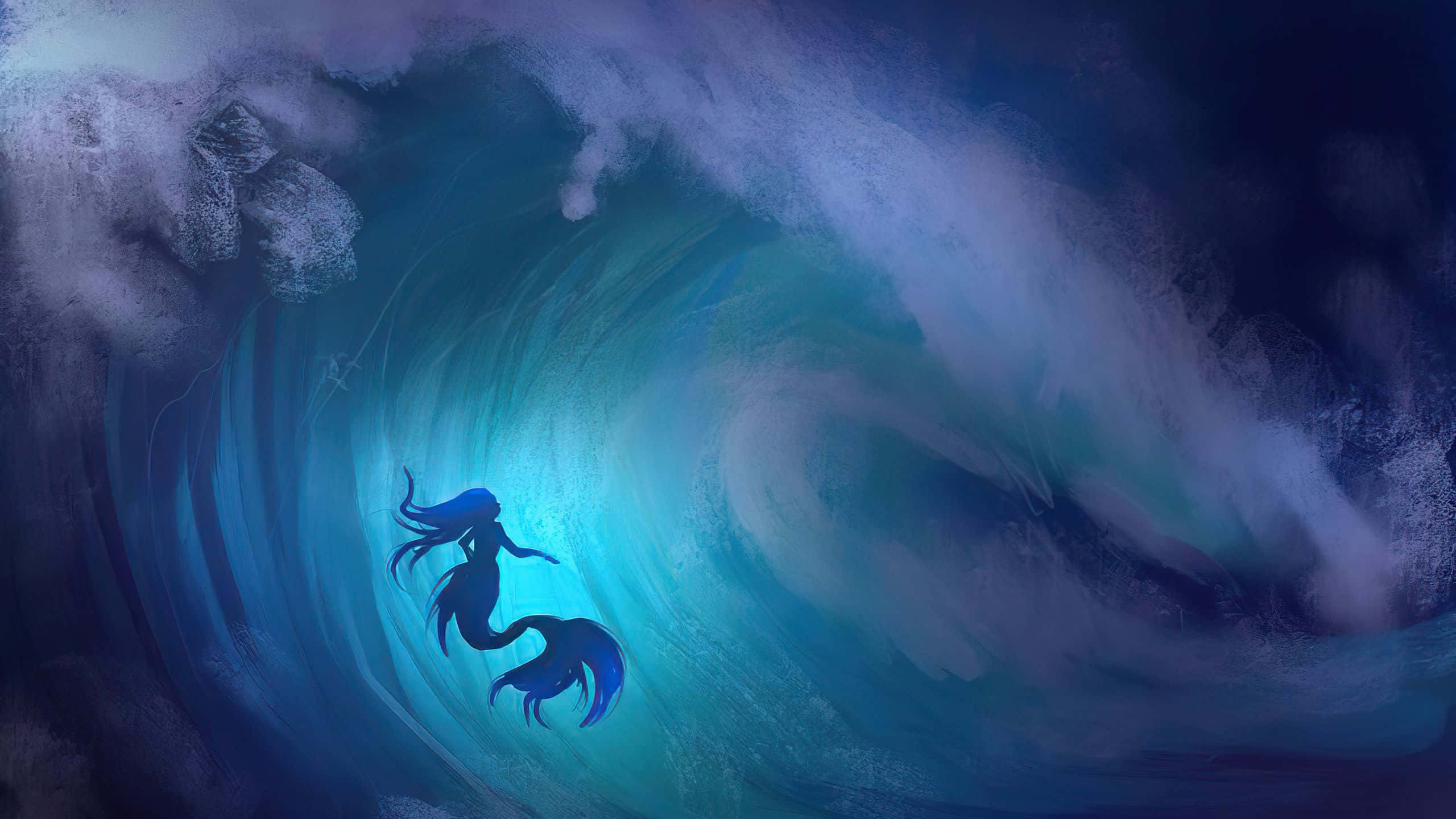 美人魚 桌布 壁紙 — 美人魚剪影在暴風雨的天空下，穿過深藍色和藍綠色的海洋漩渦滑行。