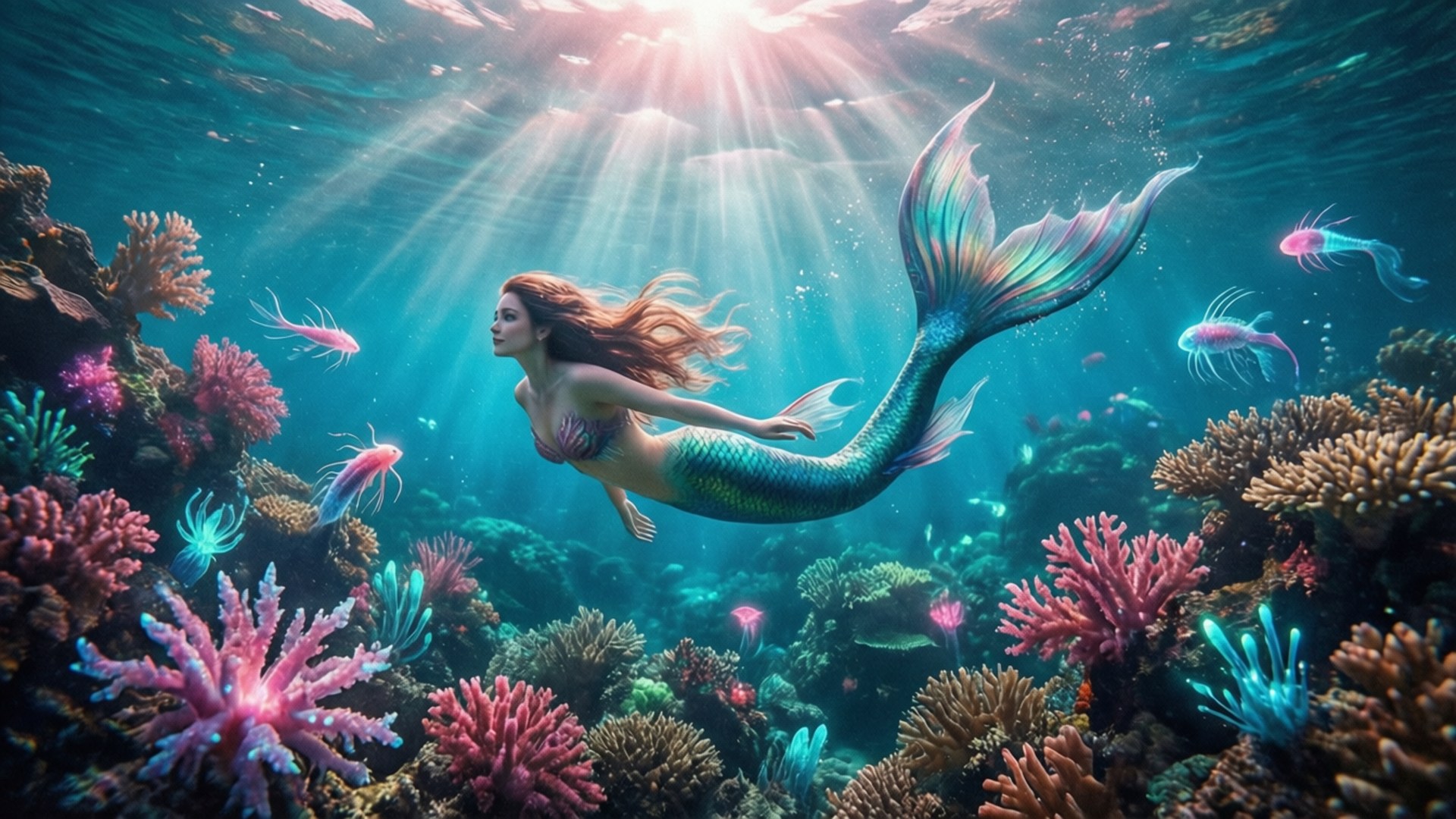 美人魚夢幻深海 壁紙 — 一位長髮飄逸的美人魚優雅地滑過充滿活力的珊瑚礁，陽光穿透上方的碧綠海洋。