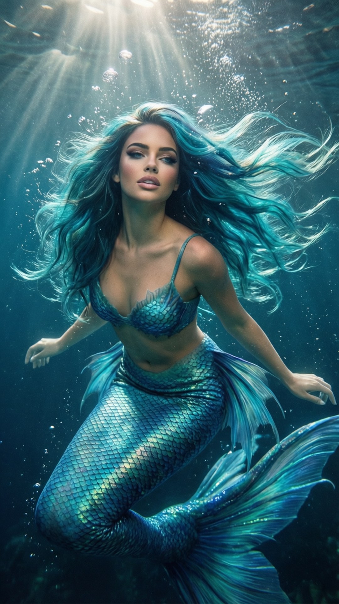 美人魚深淵 壁紙 — 一位令人驚嘆的美人魚，擁有飄逸的藍綠色頭髮和閃閃發光的鱗片，在陽光透過海面照射下來時，優雅地在水中滑行。