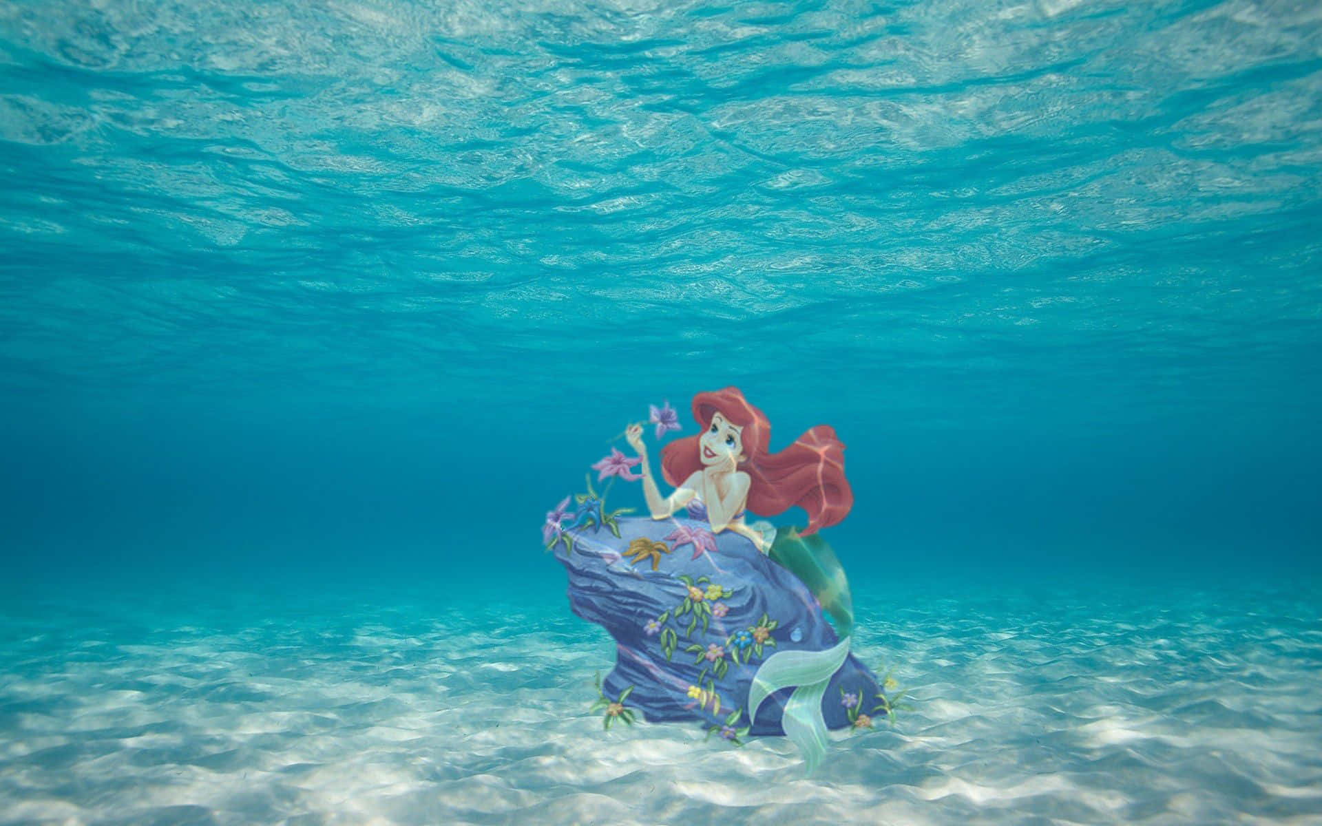 little mermaid 桌布 壁紙 — 美人魚艾莉爾優雅地坐在珊瑚礁上，在陽光照射的碧藍海水中手持貝殼。