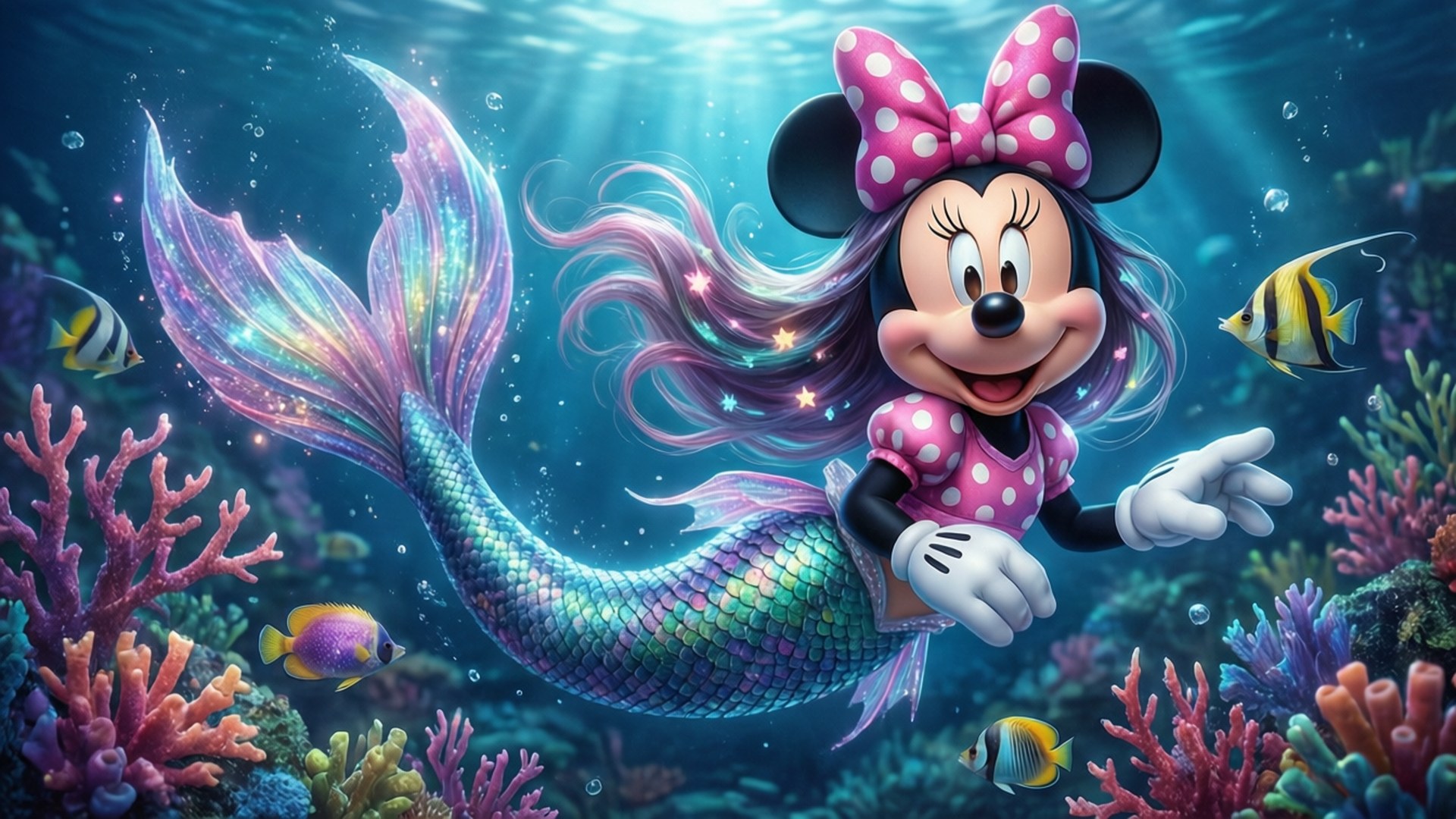美人鱼米妮 壁紙 — 米妮老鼠化身美人魚，閃爍的尾巴在充滿熱帶魚的 vibrant 珊瑚礁中快樂地游動。