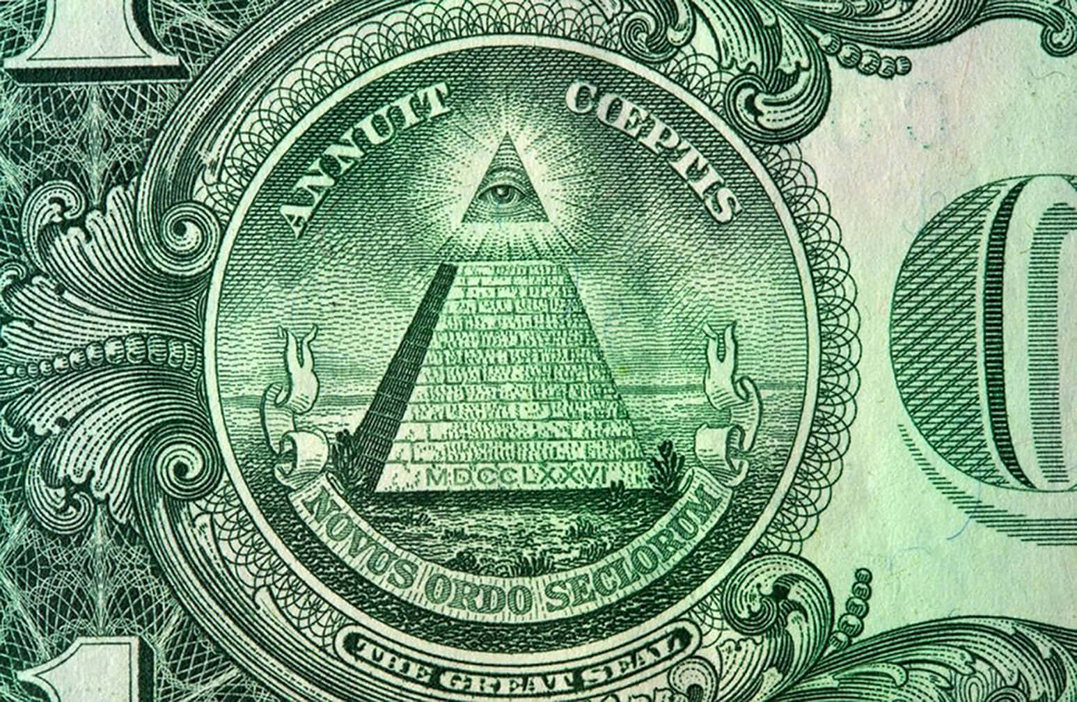 illuminati 桌布 壁紙 — 美元鈔票上美國國璽的特寫，顯示眼睛金字塔和周圍華麗的綠色雕刻。