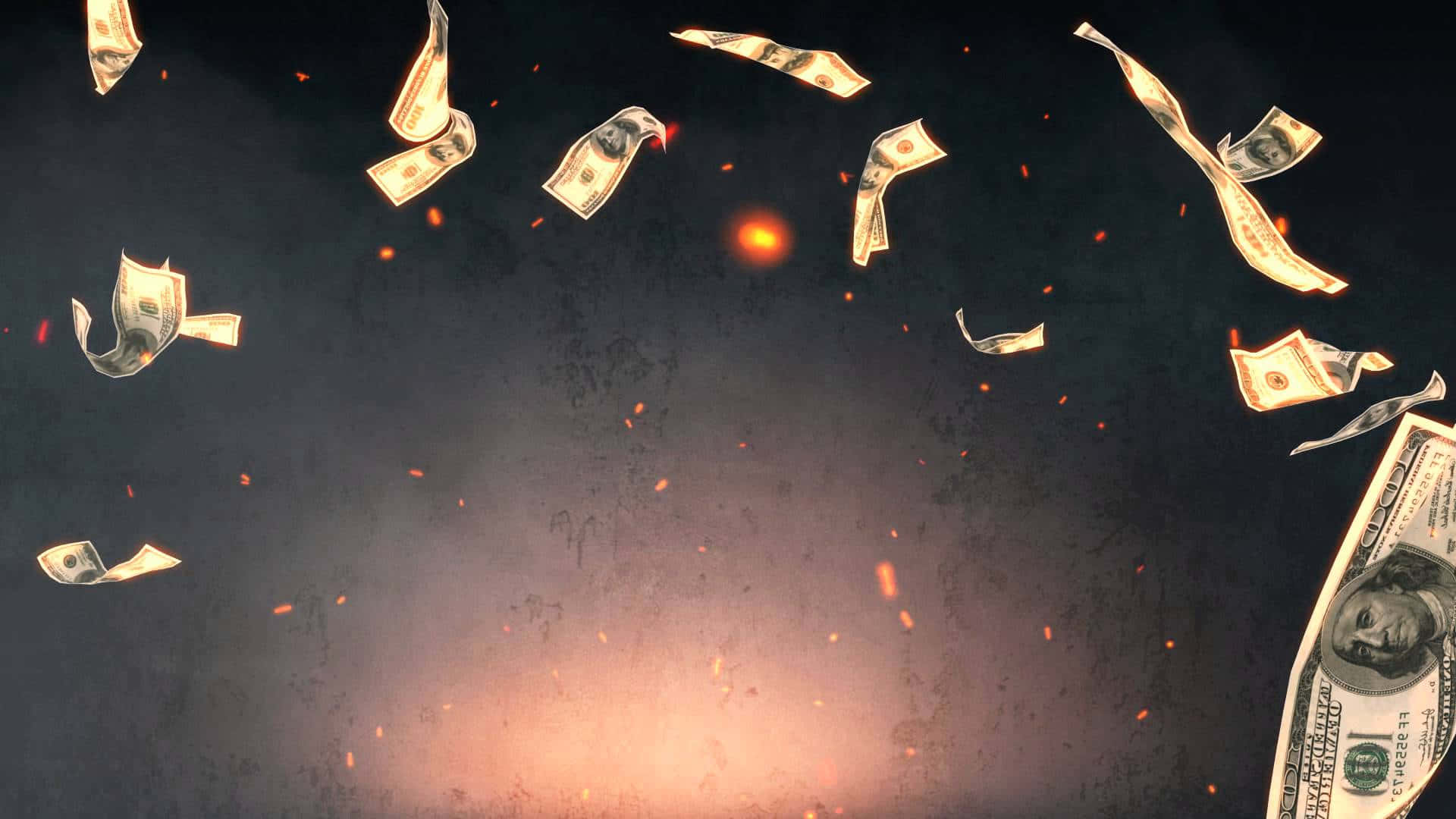 金錢 桌布 壁紙 — 美元鈔票和火花在黑暗紋理背景上爆炸，帶有發光的橙色光源。